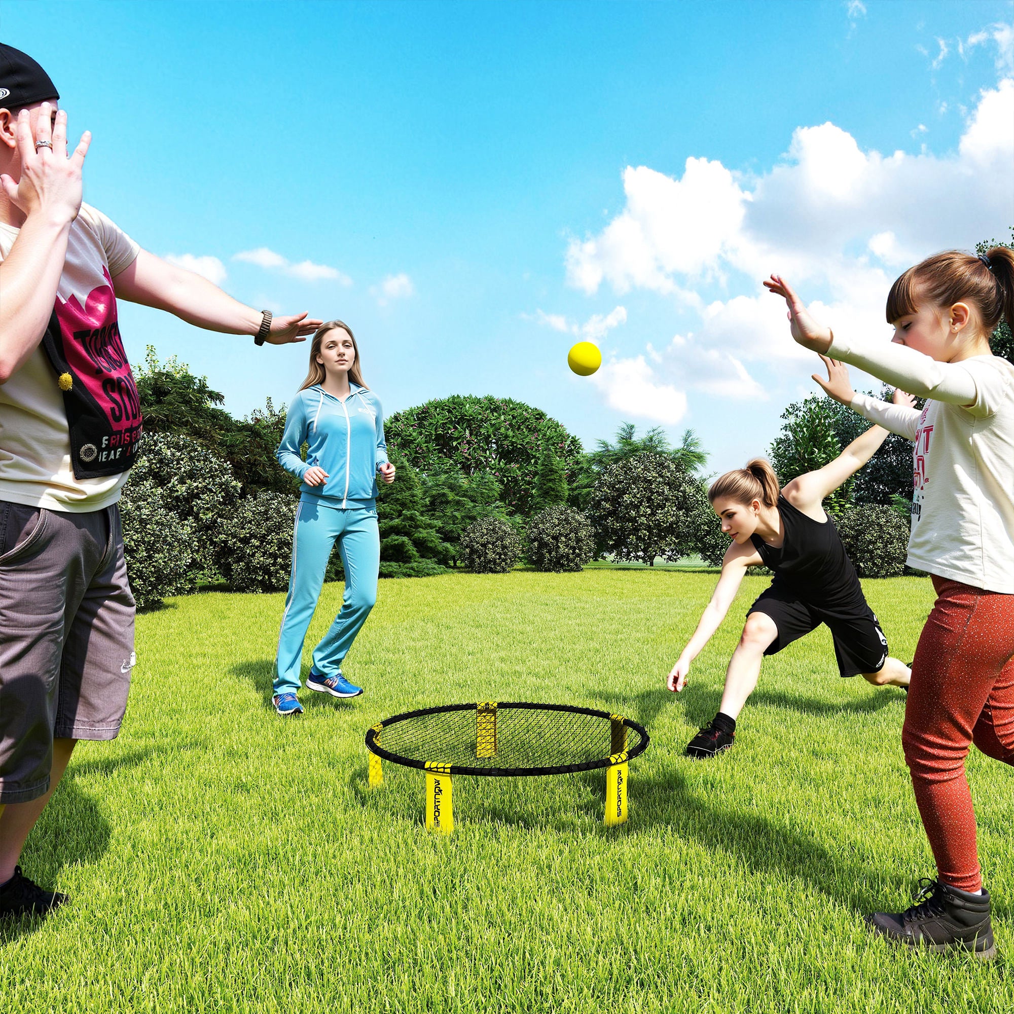 SPORTNOW Roundnet Set Spieleset mit Spielnetz 3 Bällen Tragetasche Ballpumpe Spikeball Set Ø92 x 20 cm Gelb