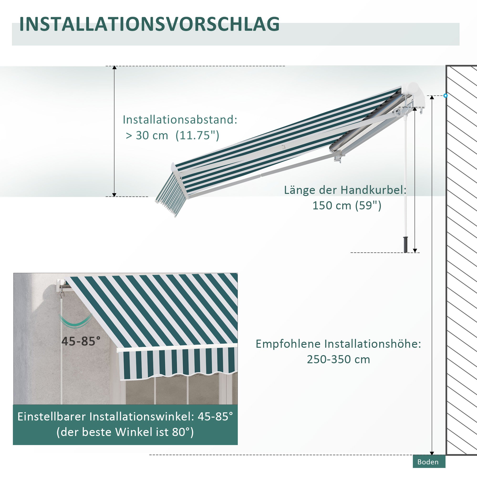 Outsunny Markise, Sonnenschutz, einfahrbar, mit Handkurbel, Metallrahmen, Polyester, weiß+grün, 3,95 x 2,45 m