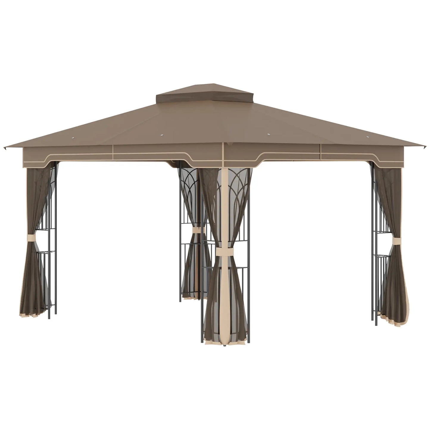 Outsunny Gartenpavillon 3,65 × 3 m mit Doppeldach & Moskitonetz – Braun/Beige