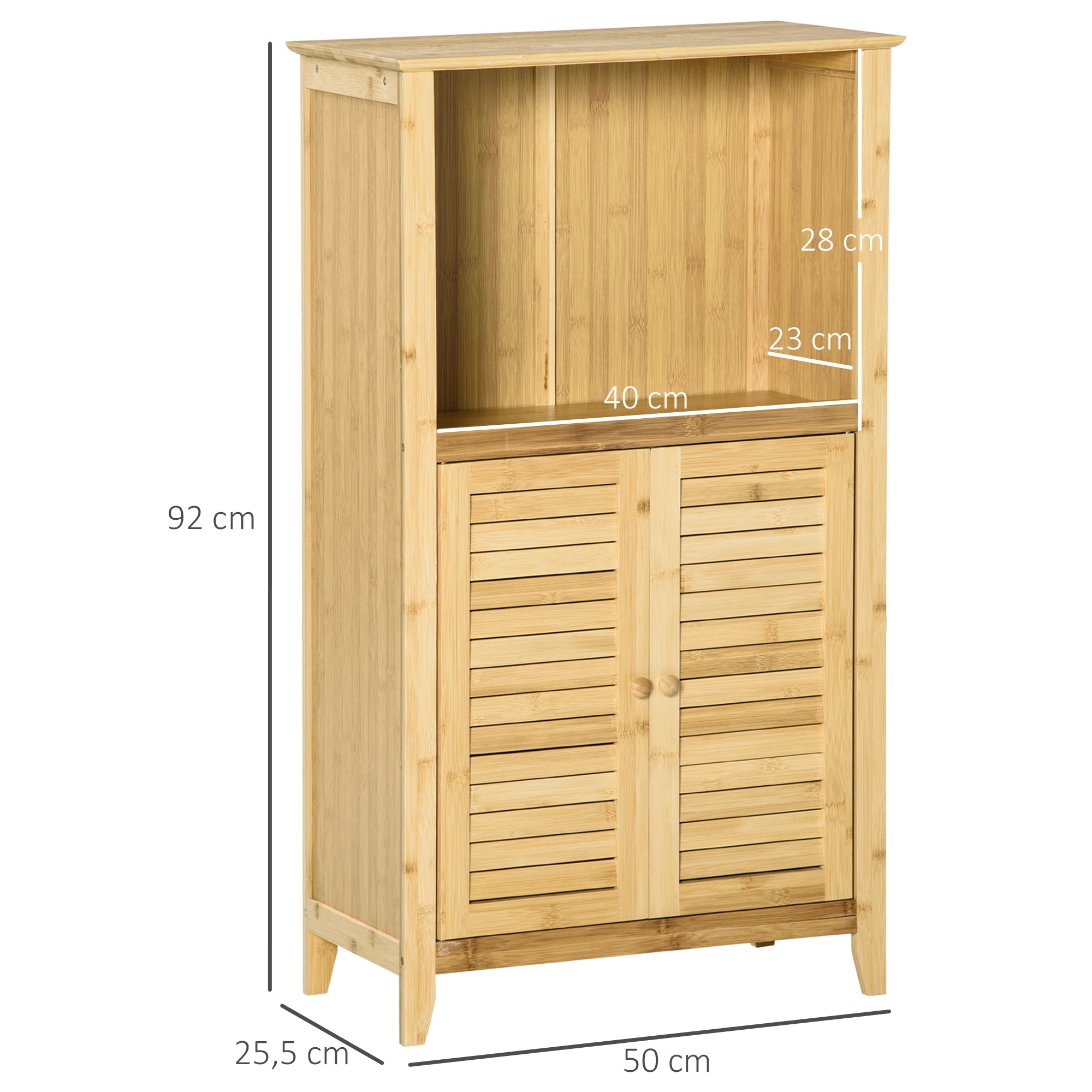 HOMCOM Badezimmerschrank Badschrank Standregal mit 2 Lamellentüren, offenem Regal, Bambus, Aufbewahrungsschrank Schrank für Badezimmer, Wohnzimmer 50 x 25,5 x 92cm Natur