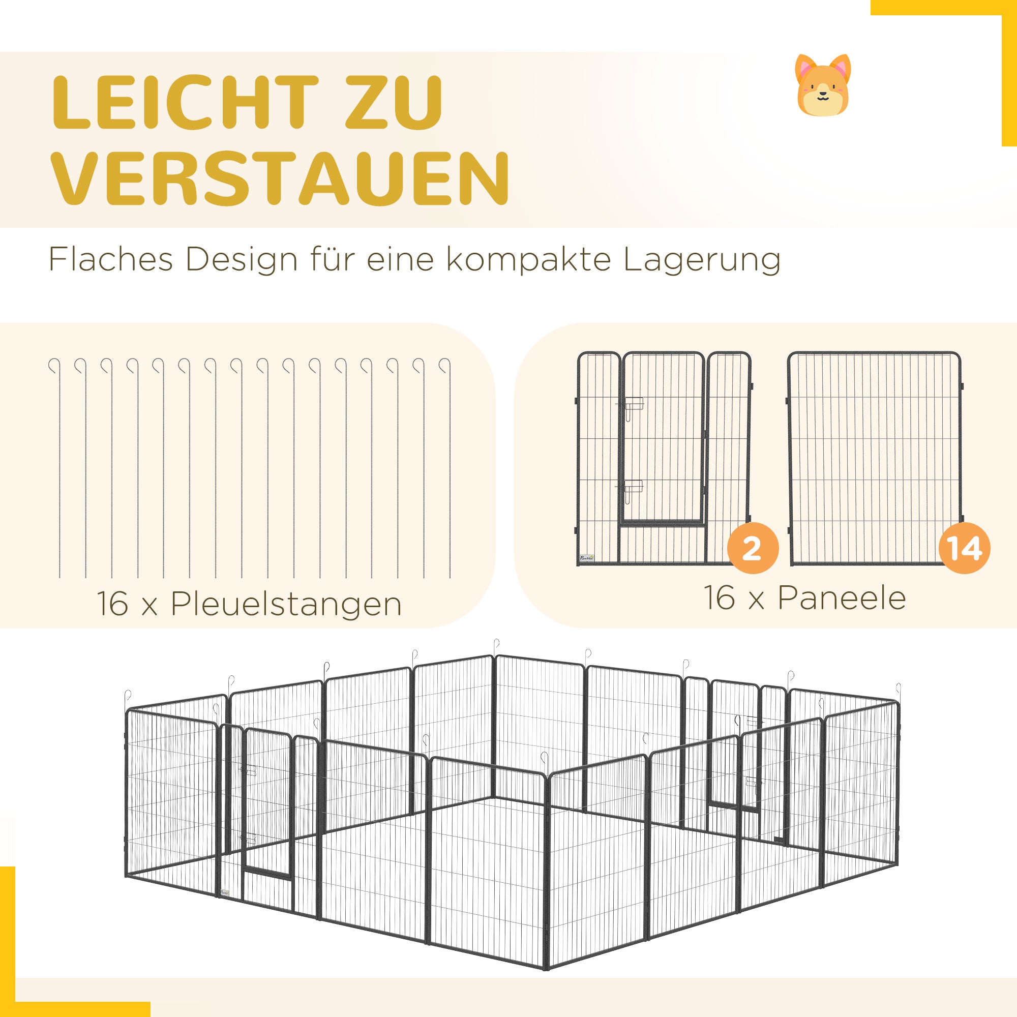 PawHut Welpenauslauf, modulares Design, 16 Elemente, 2 Türen, wetterfest, Stahl, 3,2 x 3,2 x 1 m, grau