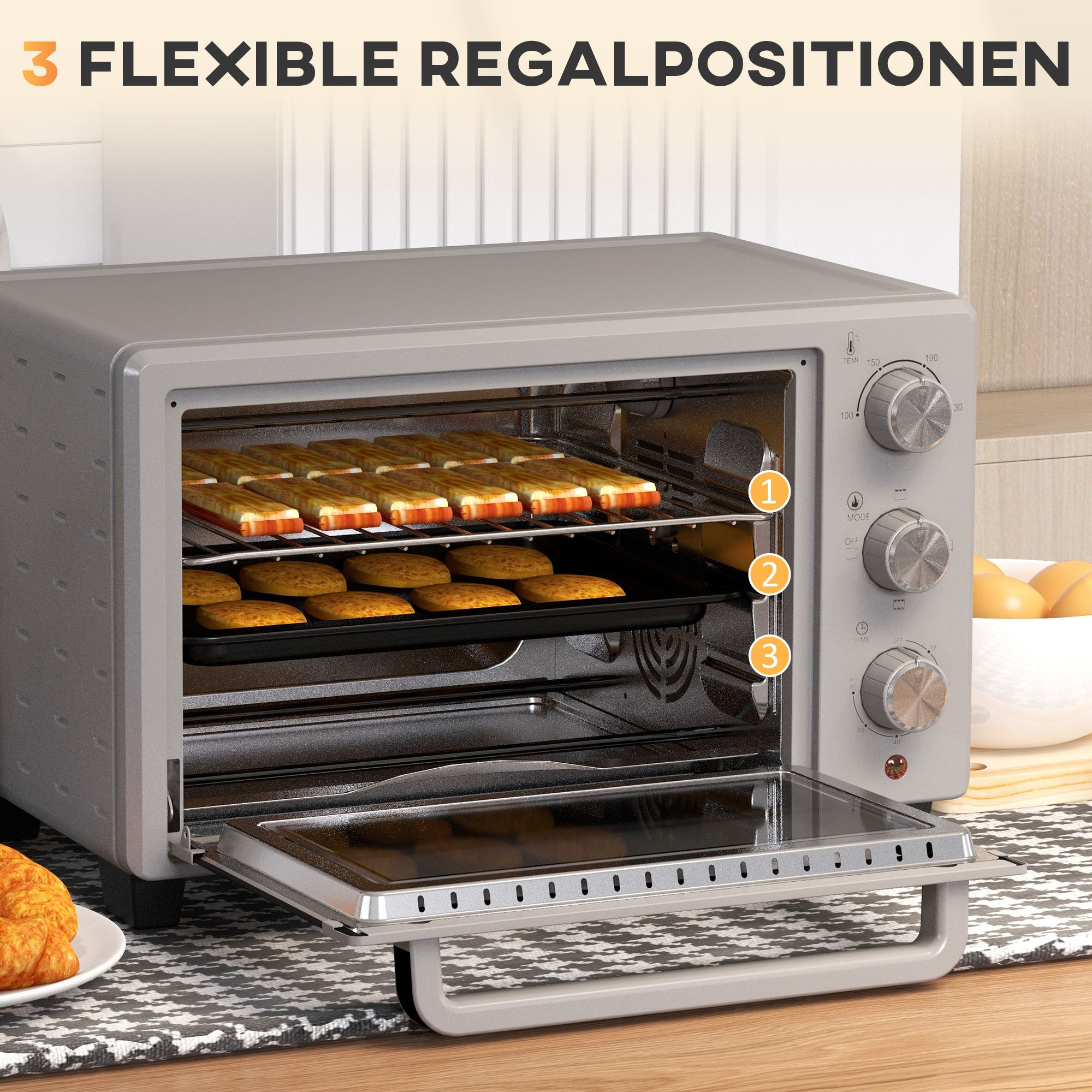 HOMCOM Minibackofen, 21 L Toasterofen mit 1 Drahtgestell und 1 Backblech, 3 Kochmodi, 100 °C-230 °C, Edelstahl, Glas, Silber