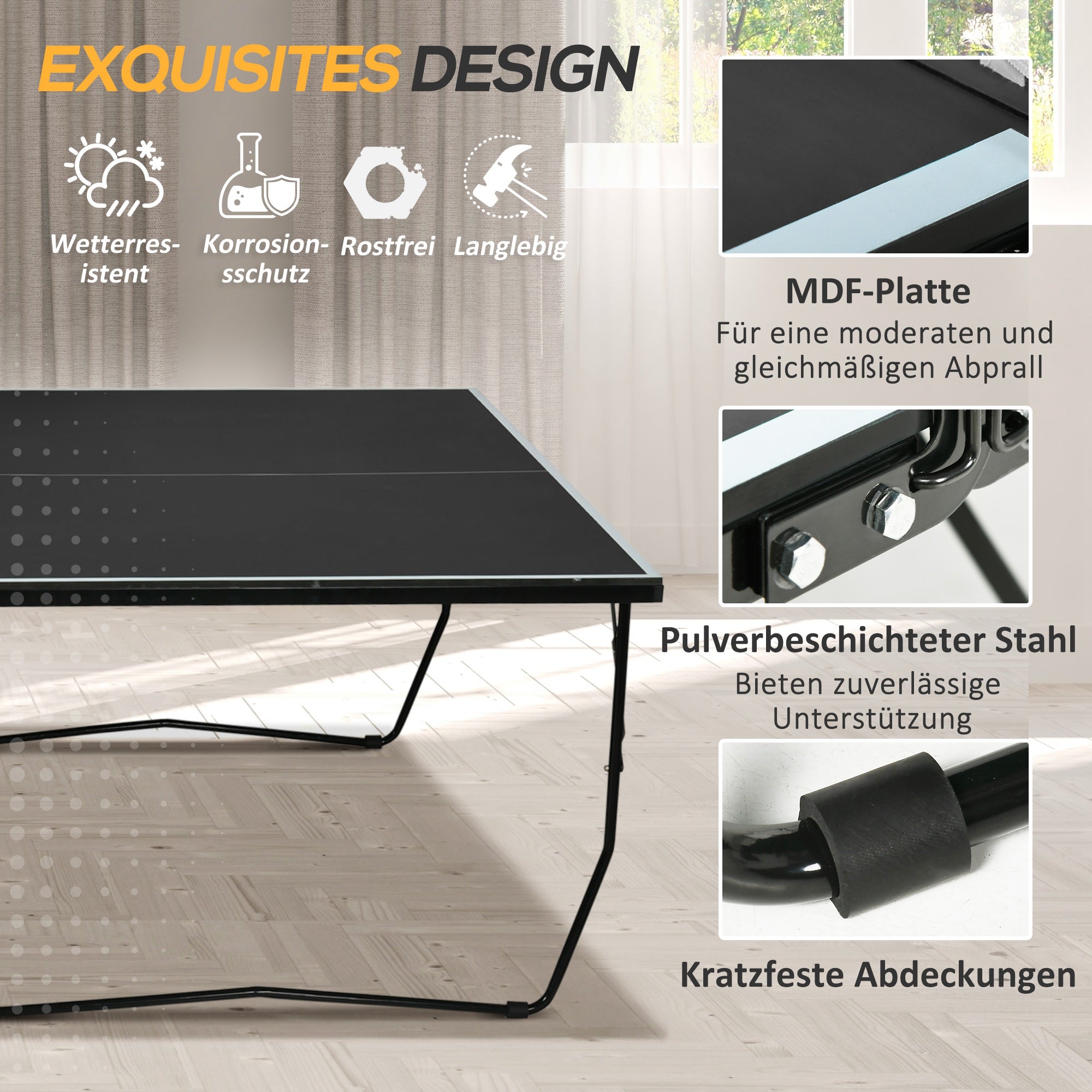 SPORTNOW Tischtennisplatte, klappbar, 8 Räder, pulverbeschichteter Stahlrahmen, MDF, 274 x 152,5 x 76 cm, Schwarz