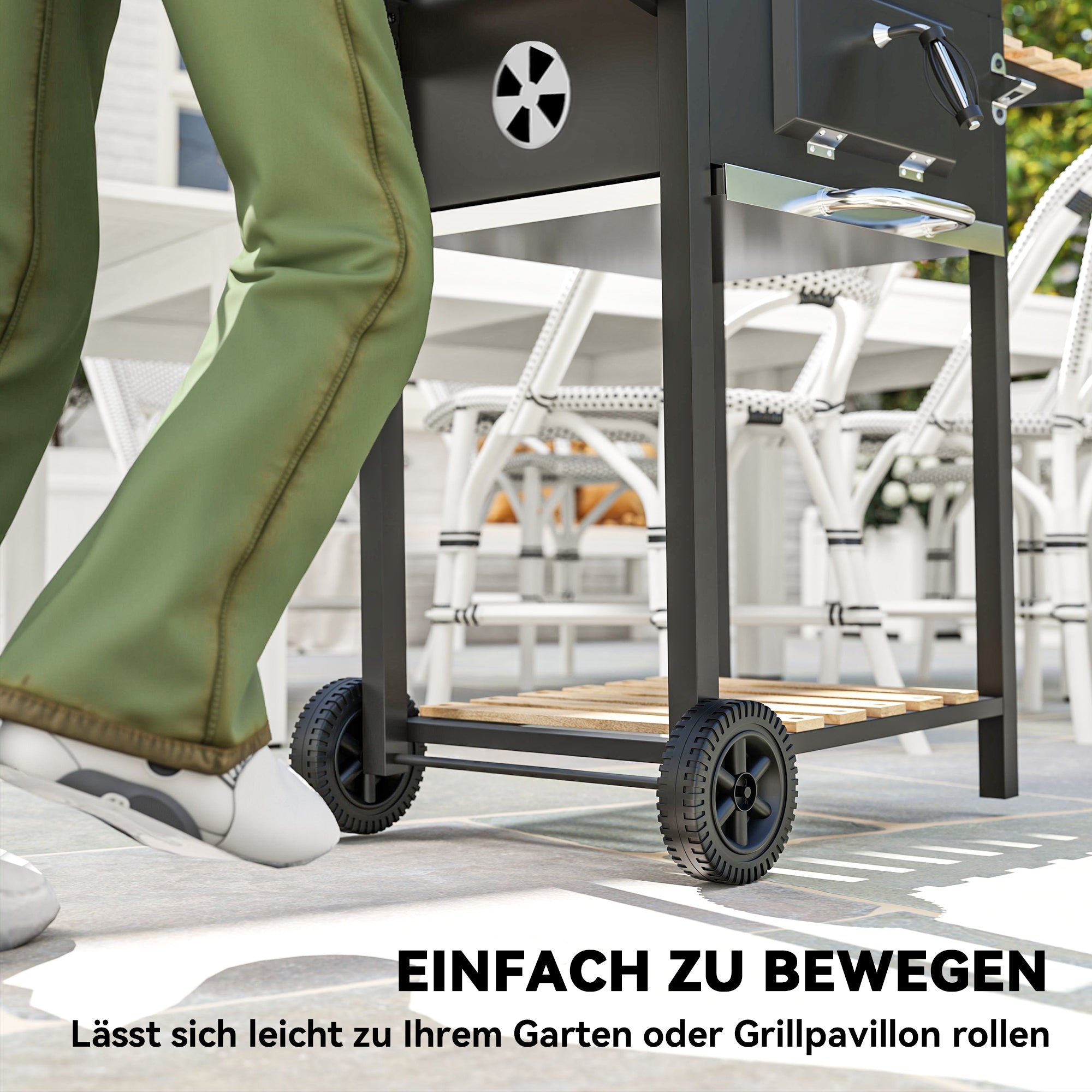 Outsunny Holzkohlegrill, höhenverstellbare Kohlenpfanne, Grillwagen, Regale, Thermometer, Flaschenöffner, Stahl, Holz, Schwarz