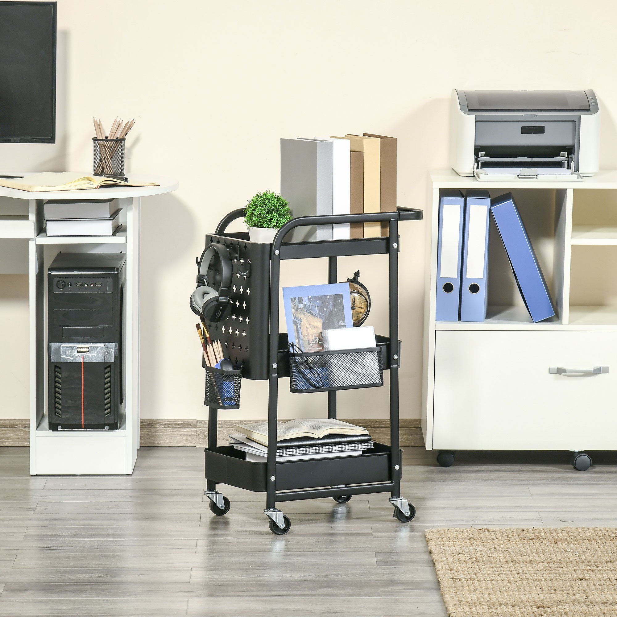 HOMCOM Küchentrolley mit Lochtafel, Handtuchhalter, Aufbewahrungskörbe, Schwarz