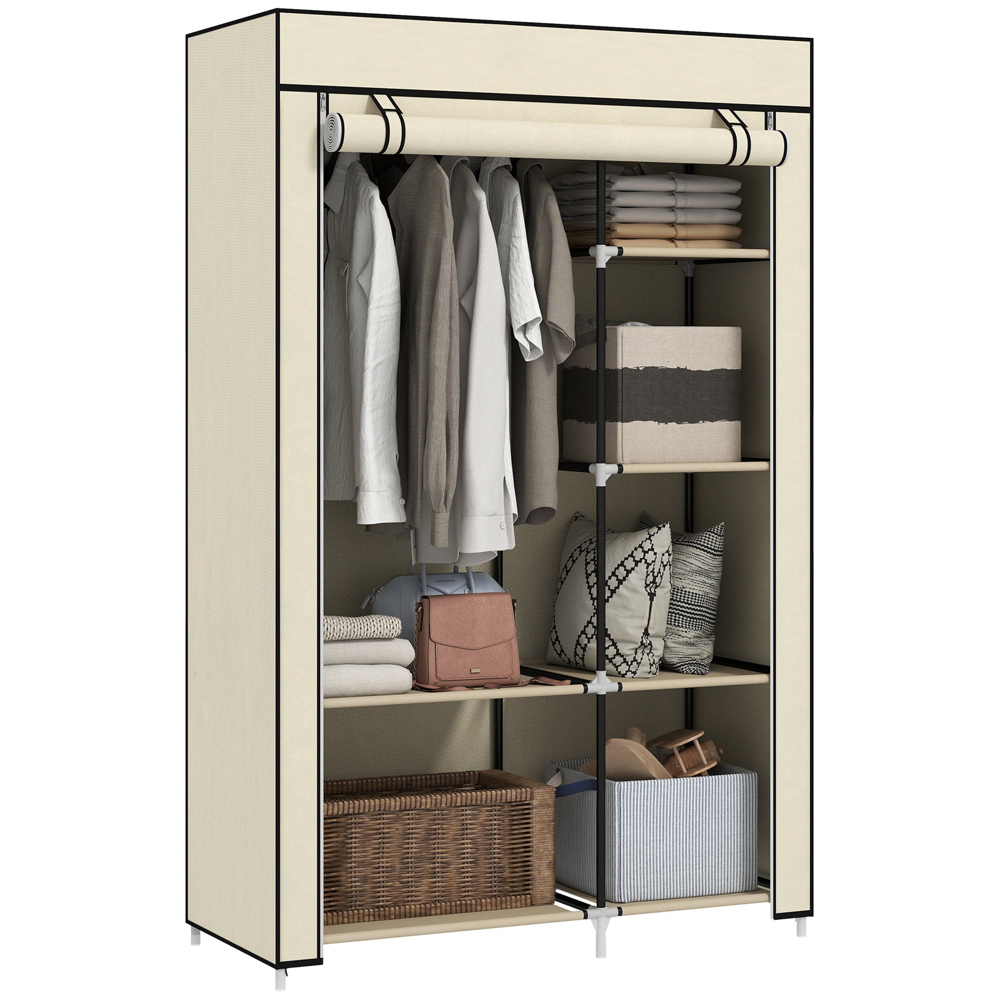 HOMCOM Schrank aus Stoff, Aufbewahrungslösung, 6 Regale, 1 Kleiderstange, Beige