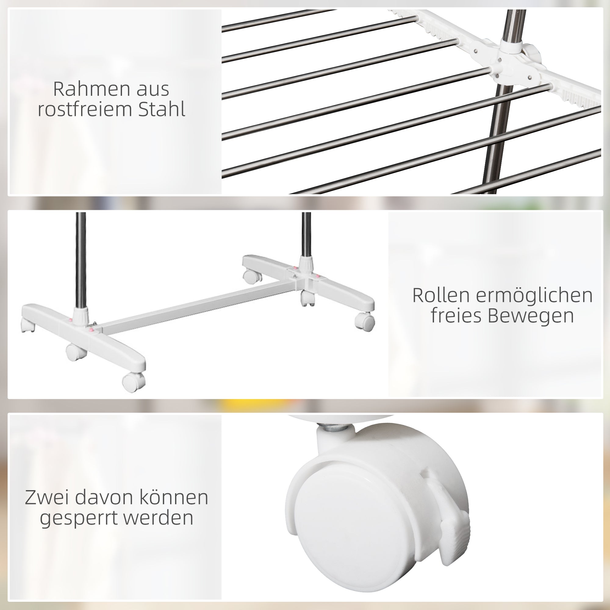 HOMCOM Turmwäscheständer ausziehbar Standtrockner mit 3 Ebenen, klappbare Flügel, Rollen, Wäschetrockner für Innen und Außen, Weiß, 83-136,5 x 45,5 x 154 cm