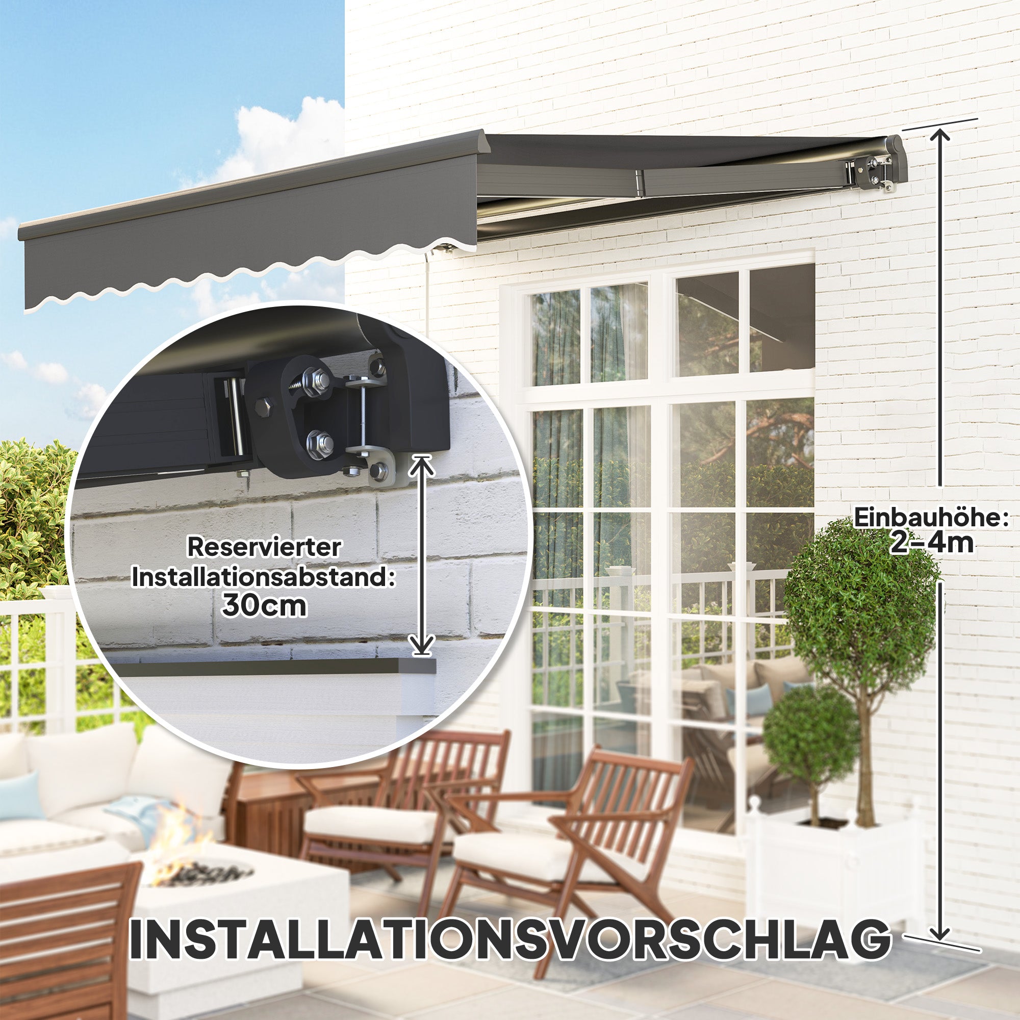 Outsunny Klemmmarkise mit Handkurbel Solar-Lichte Gelenkarmmarkise Markise Sonnenschutz UV 50+ 300 cm breit Grau
