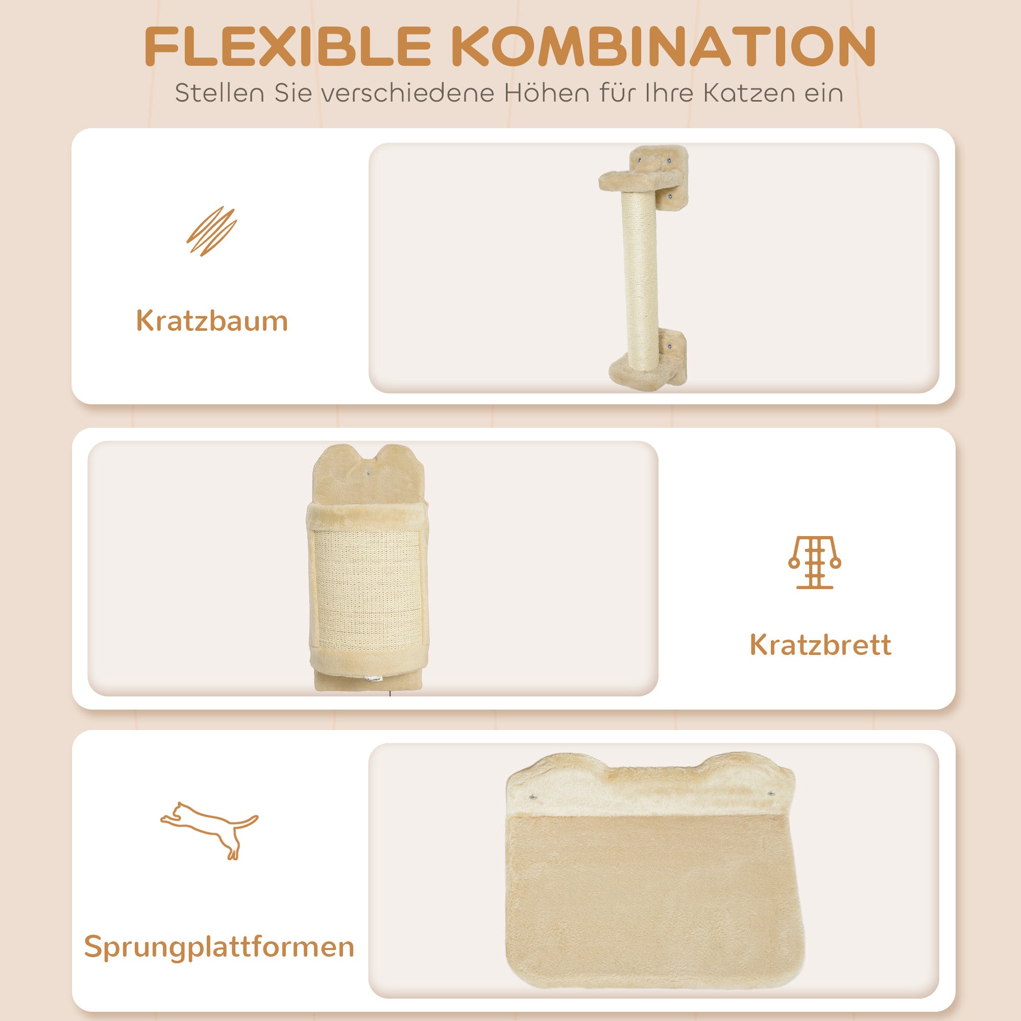 PawHut Katzentreppen-Set, 4-teilig, Kletterwand, Kratzbaum, Plüschbezug/Sisal, Beige
