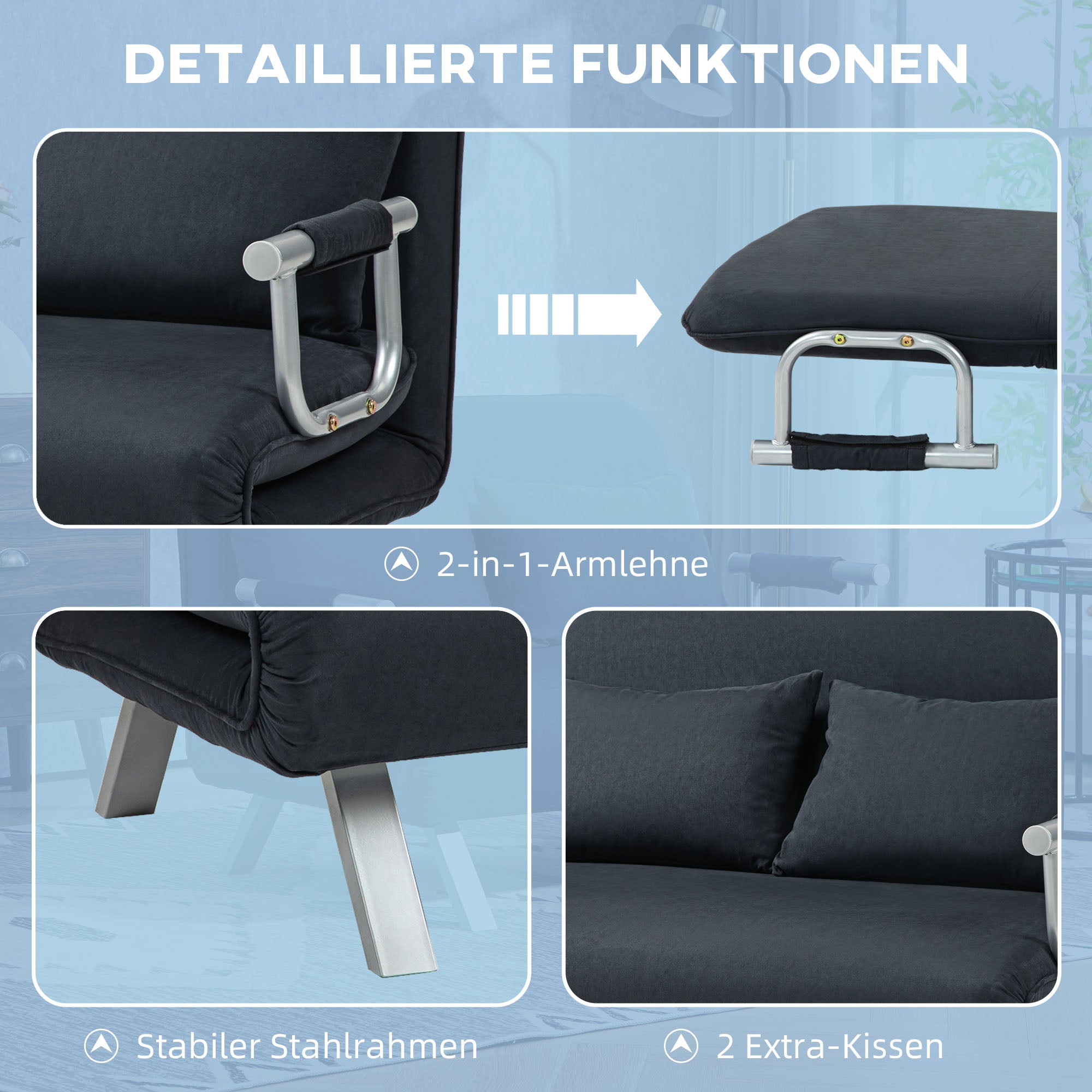 HOMCOM Schlafsofa, 5-fach verstellbar, Wildlederimitat, Stahlrahmen, inkl. Kissen, Schwarz