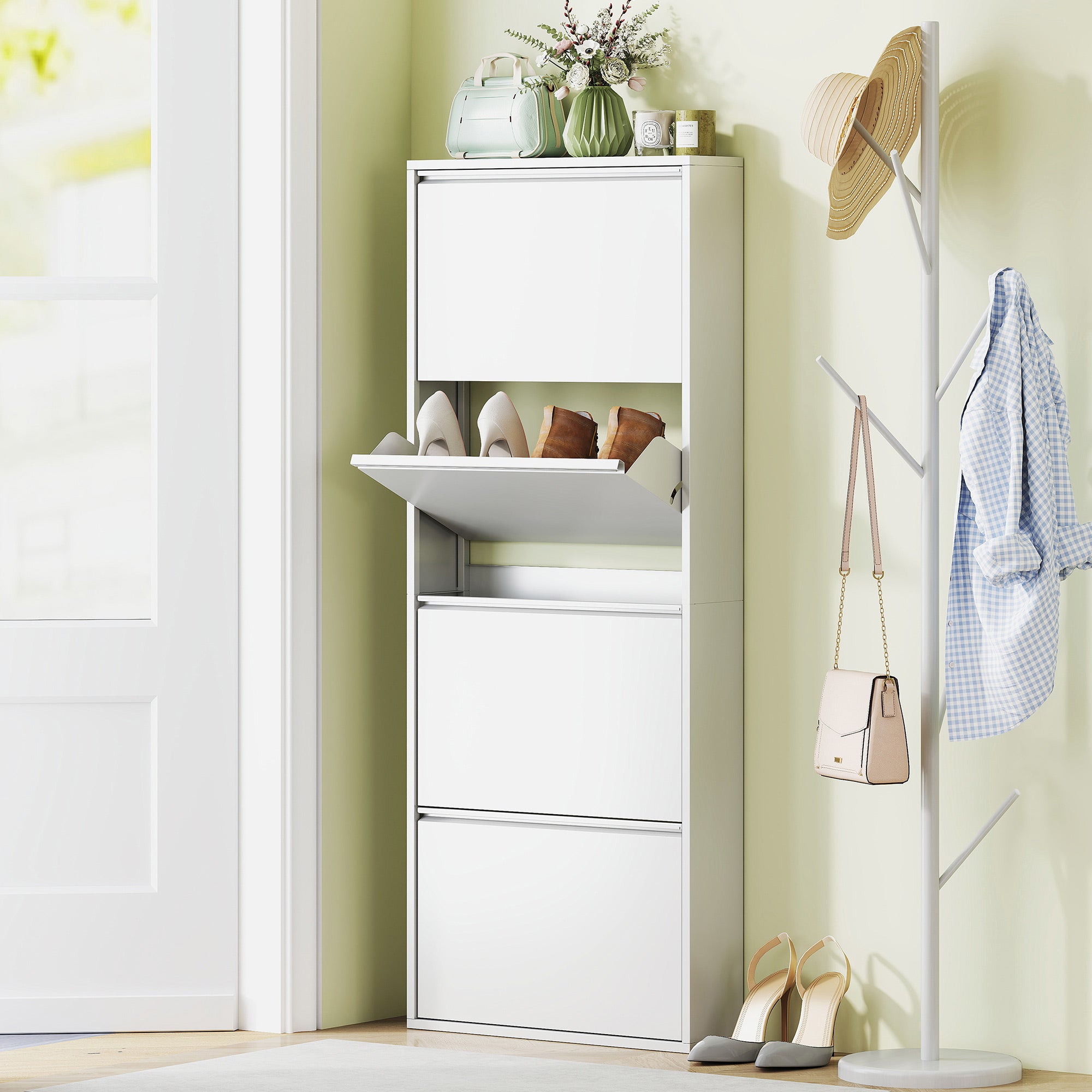 HOMCOM Schmaler Schuhschrank aus Metall für bis zu 8 Paar Schuhe, 4 Kippschubladen, für Flur, Eingangsbereich, Weiß