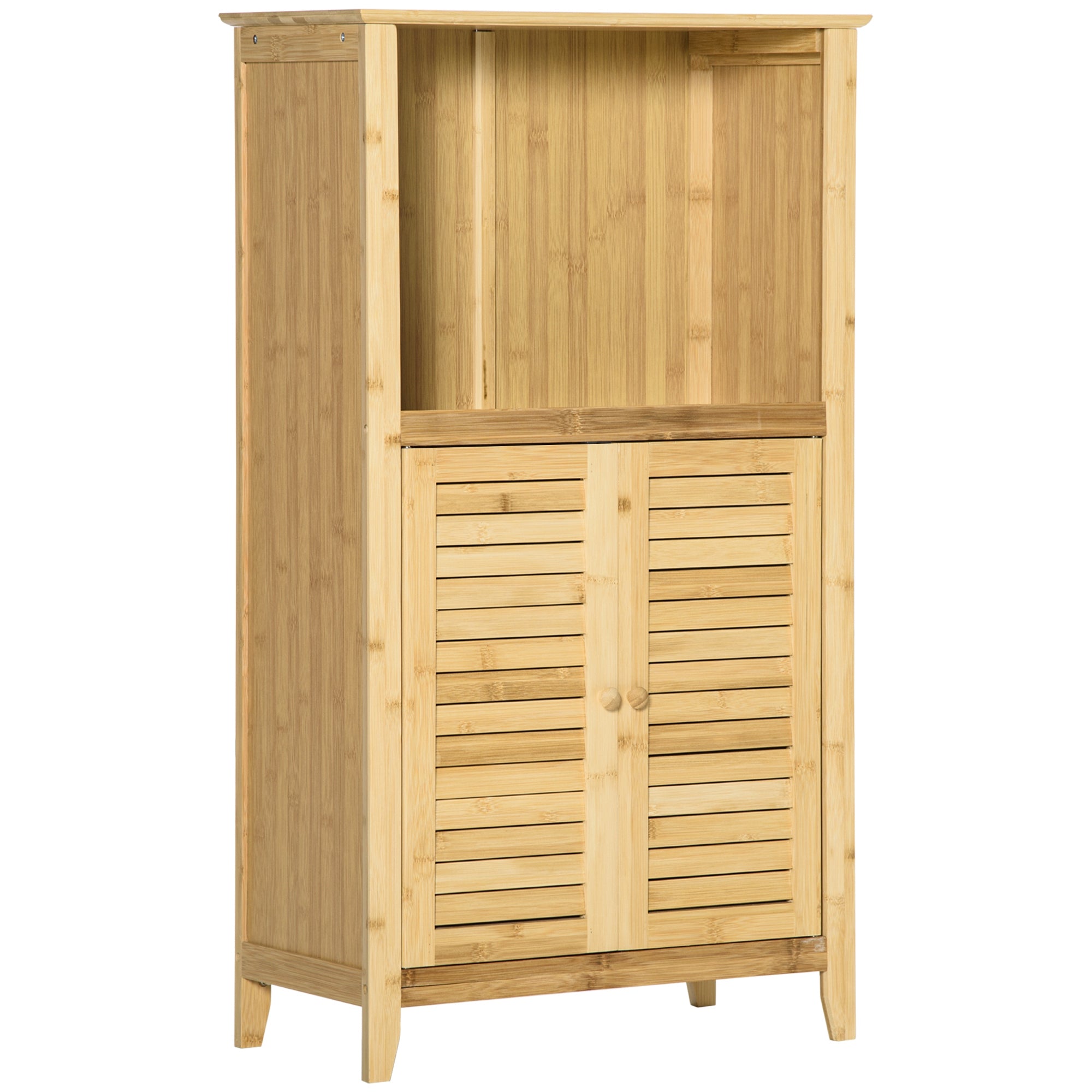 HOMCOM Badezimmerschrank Badschrank Standregal mit 2 Lamellentüren, offenem Regal, Bambus, Aufbewahrungsschrank Schrank für Badezimmer, Wohnzimmer 50 x 25,5 x 92cm Natur