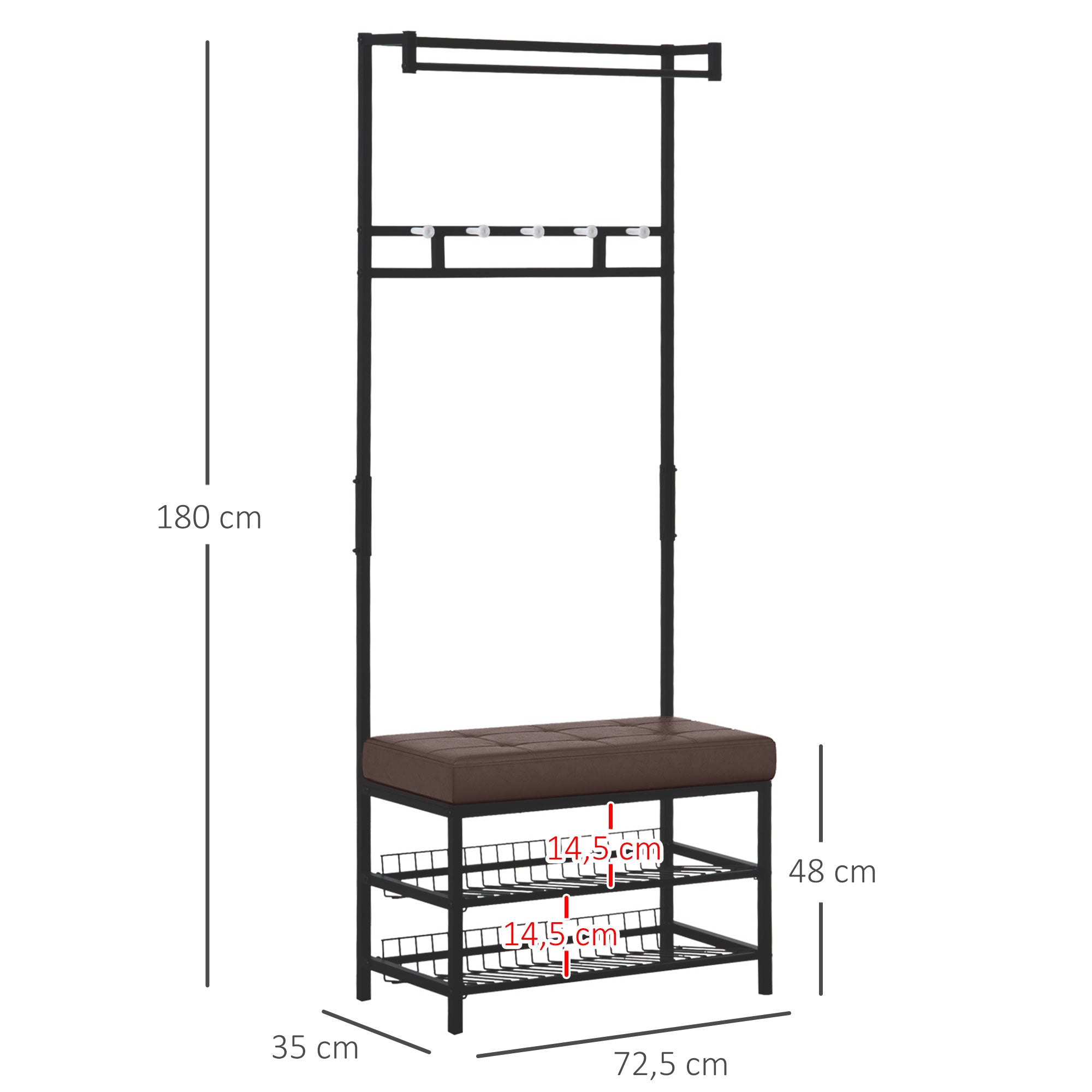 HOMCOM Garderobenständer Kleiderständer mit 5 Haken und Schuhbank mit 2 Ebenen Garderobe aus Metall für Flur, Schlafzimmer, 72,5 x35 x 180cm