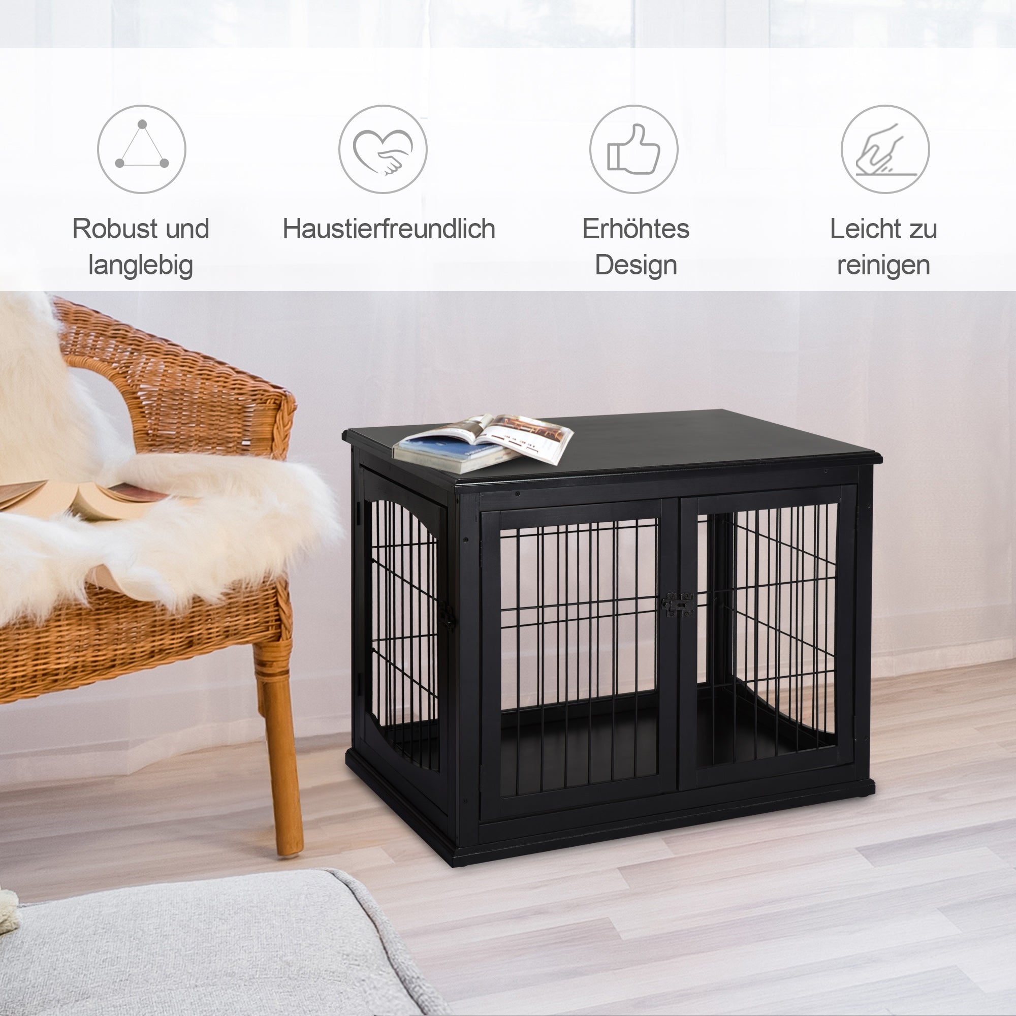 PawHut Transportbox für Hunde 58,5 cm x 81 cm x 66 cm Türen, MDF-Holz Eisen, 58, 5 cm x 81 cm x 66 cm, Schwarz