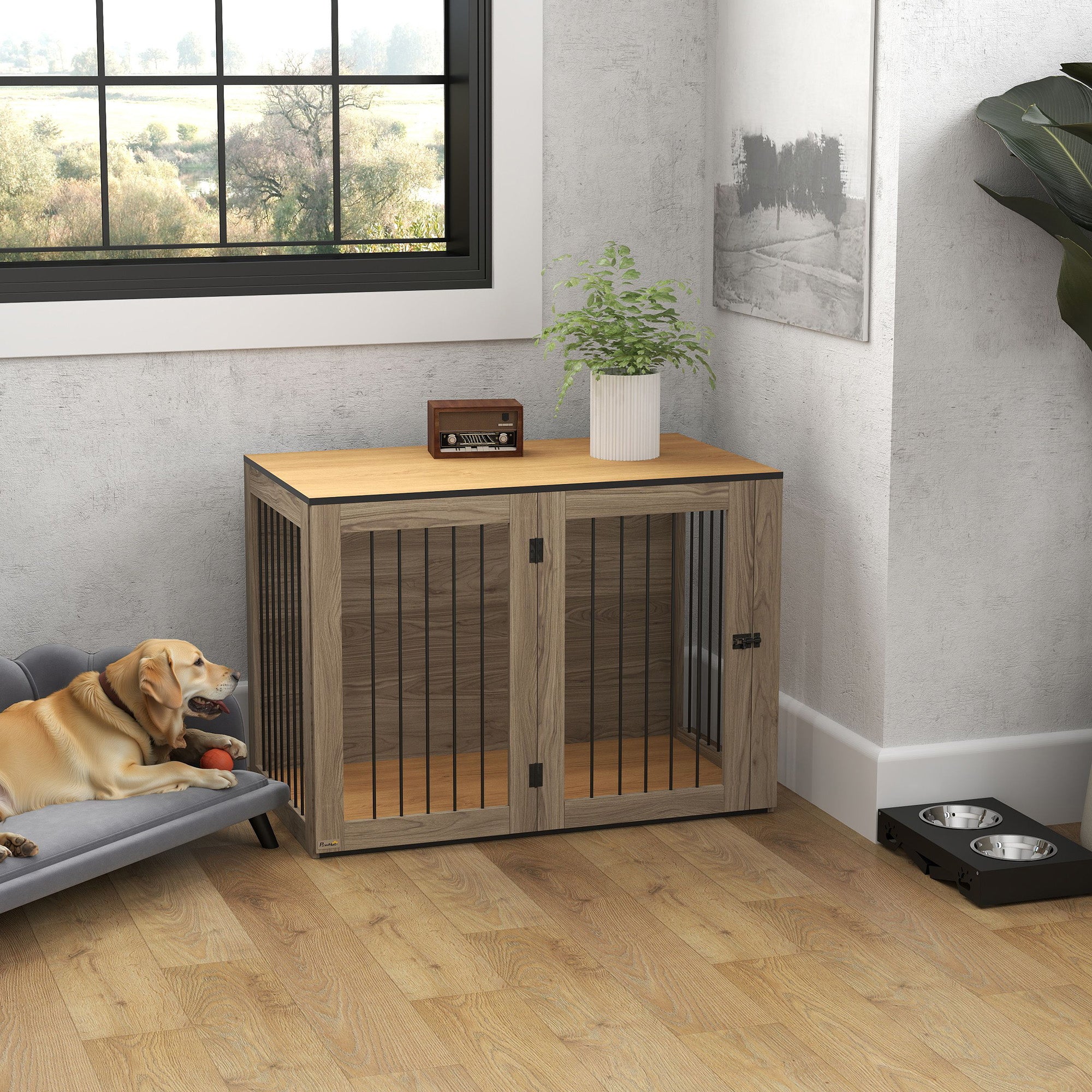 PawHut Hundebox, Haustierbox für große Hunde, Hundehütte, Indoor, 106 x 60 x 76 cm, Eiche