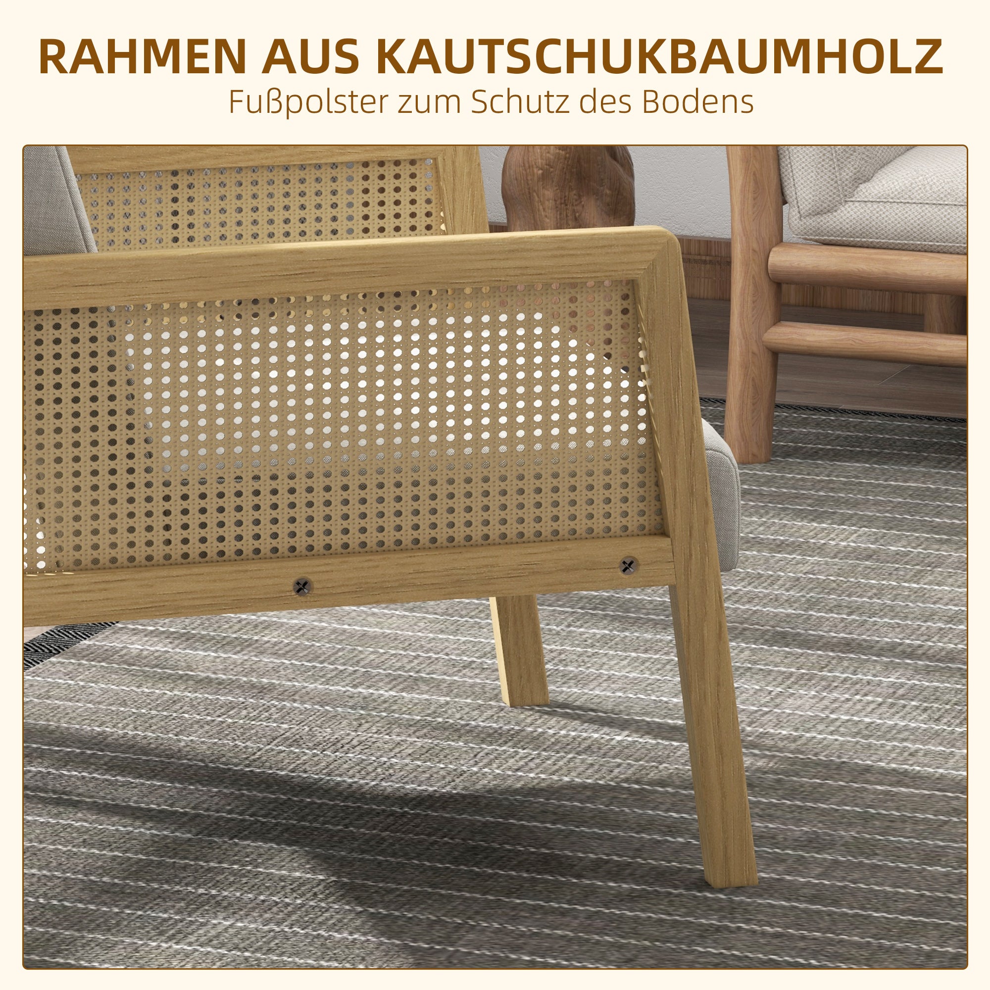 HOMCOM Akzentsessel, Armlehnen in Rattanoptik, bis 120 kg, breiter Sitz, Naturholzrahmen, Boho-Design, grau, 65,5 x 72 x 78cm