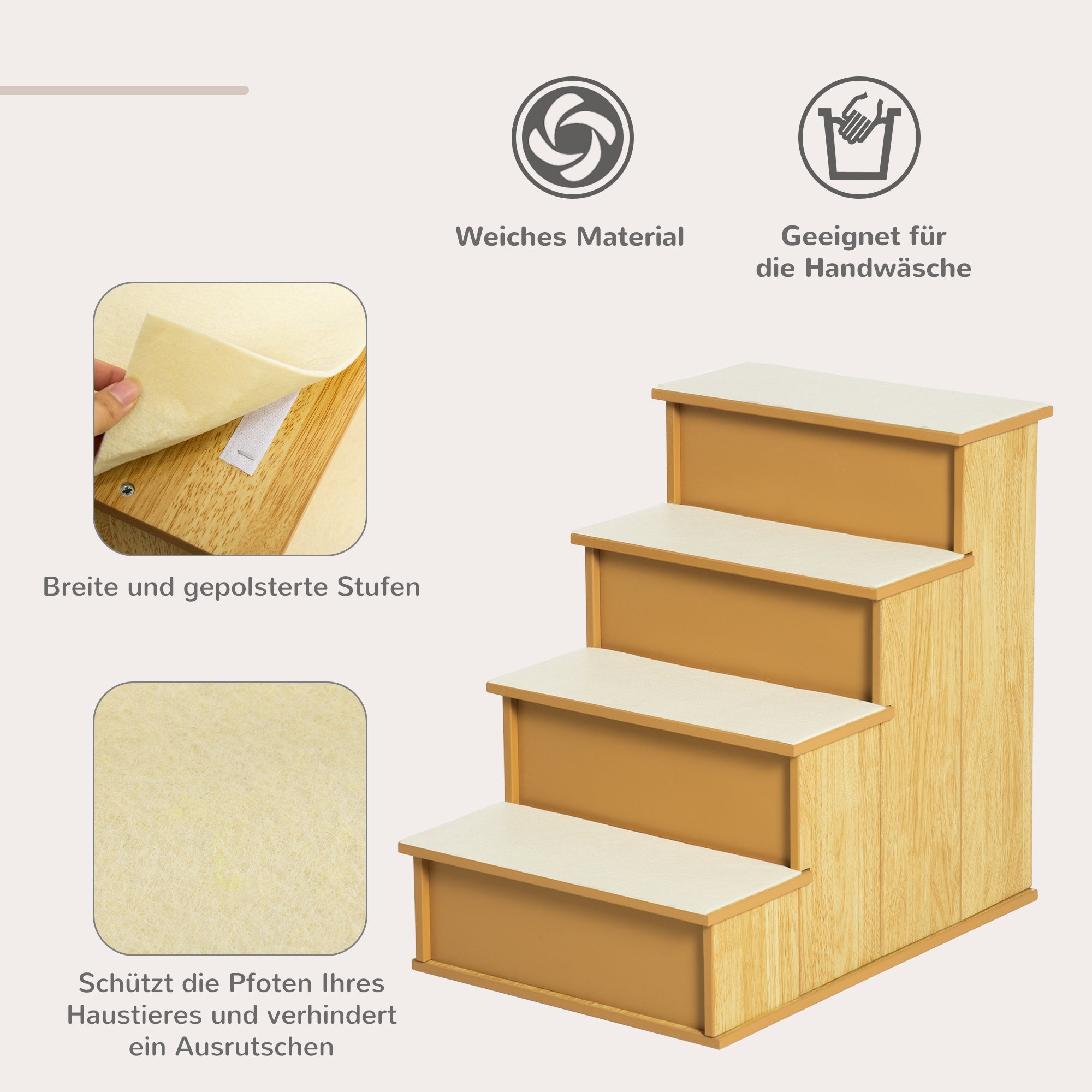 PawHut Haustiertreppe, für Hunde/Katzen, 4-stufig, Kurzplüsch, bis 30 kg, 40 x 59 x 54,2 cm, Natur