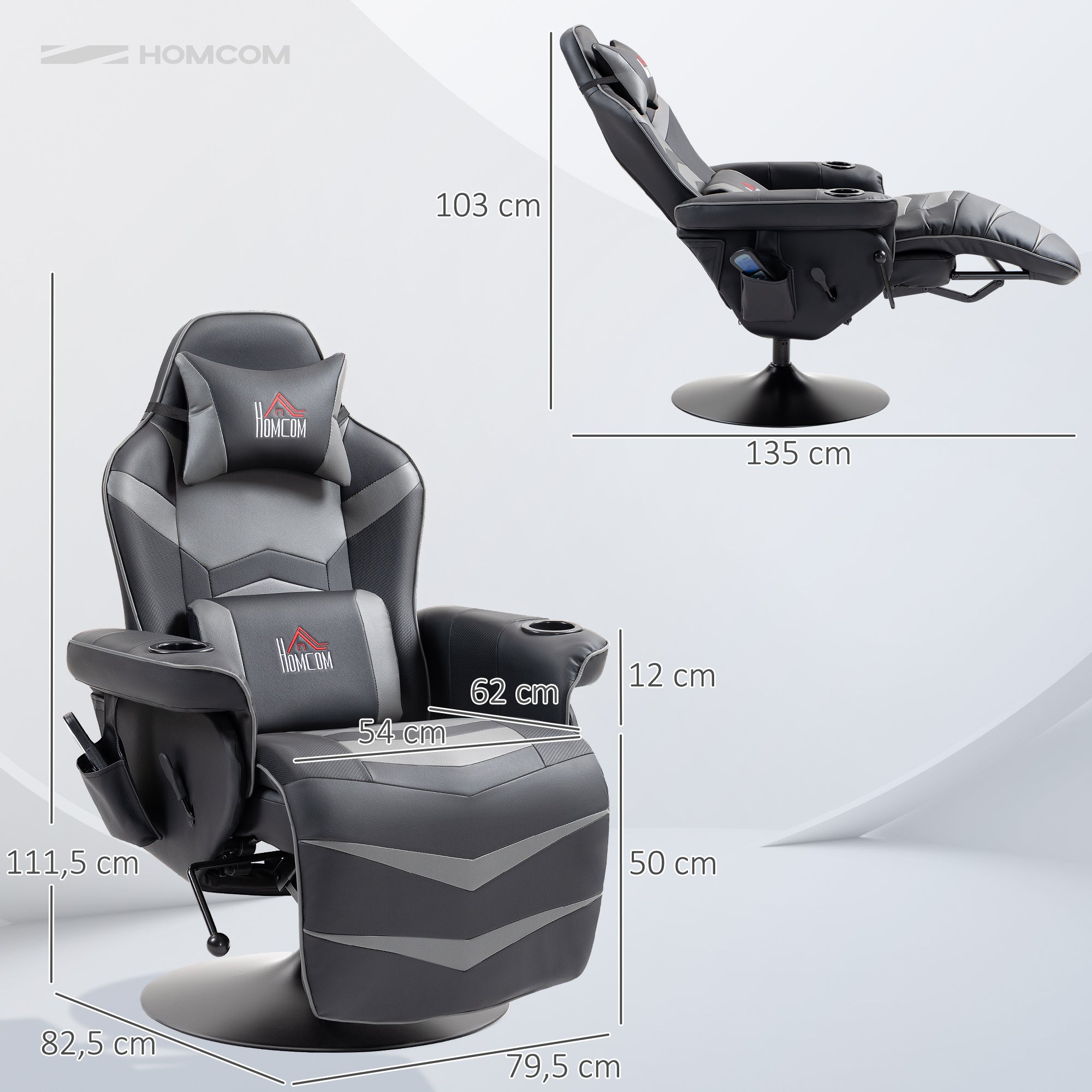 HOMCOM Gamingsessel, Massagefunktion, neigbare Lehne, Fußstütze, bis 120 kg, Stahlrahmen, Kunstleder, Grau