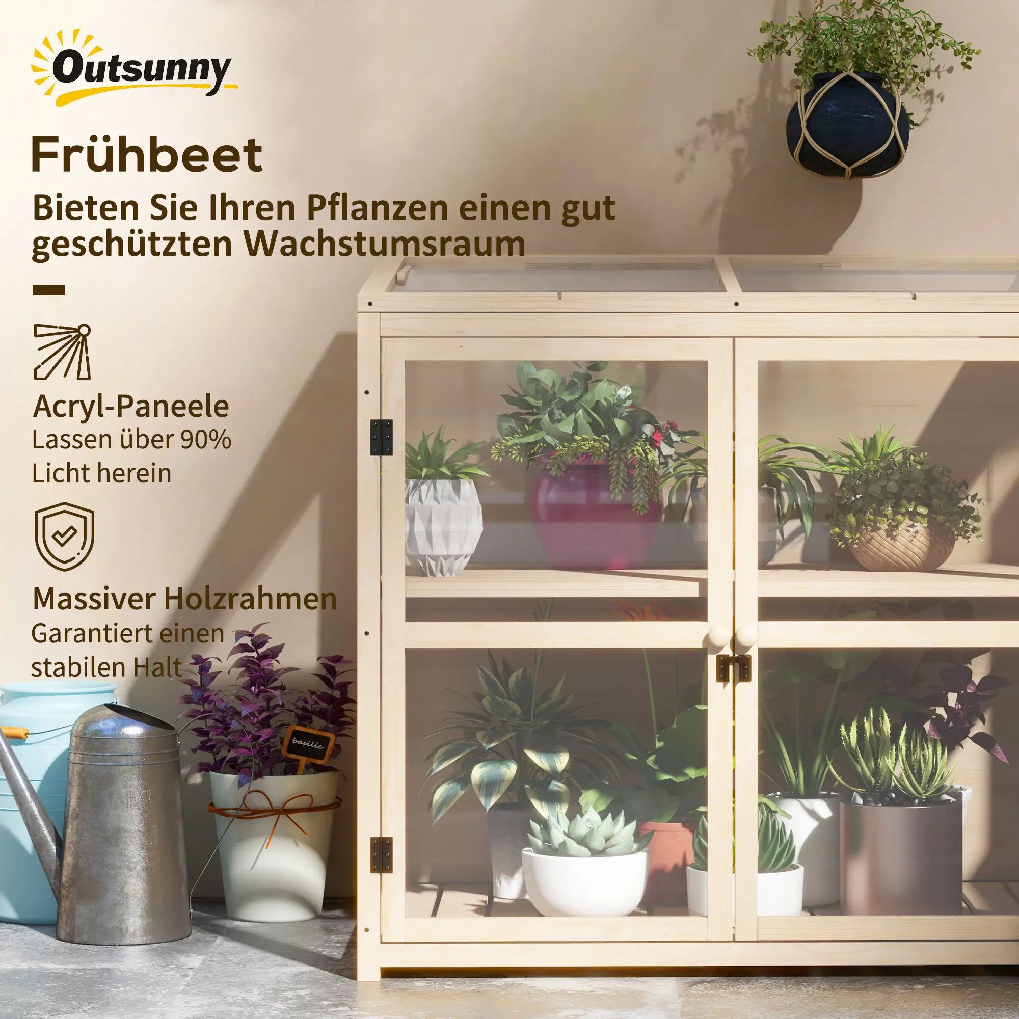 Frühbeet aus Holz 103x61?cm mit Tür & Fenster, Natur