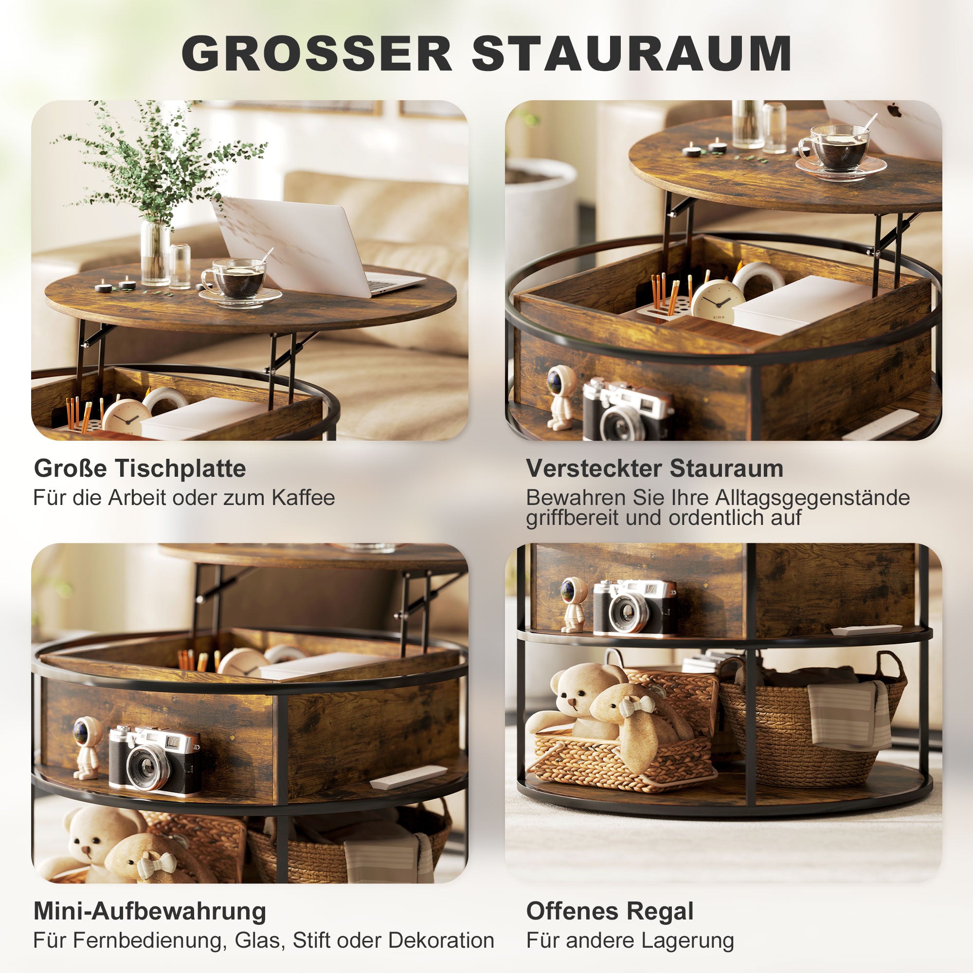 HOMCOM Runder Kaffeetisch mit anhebbarer Tischplatte, Stauraum, seitliche Regale, Stahlrahmen, Couchtisch, Braun