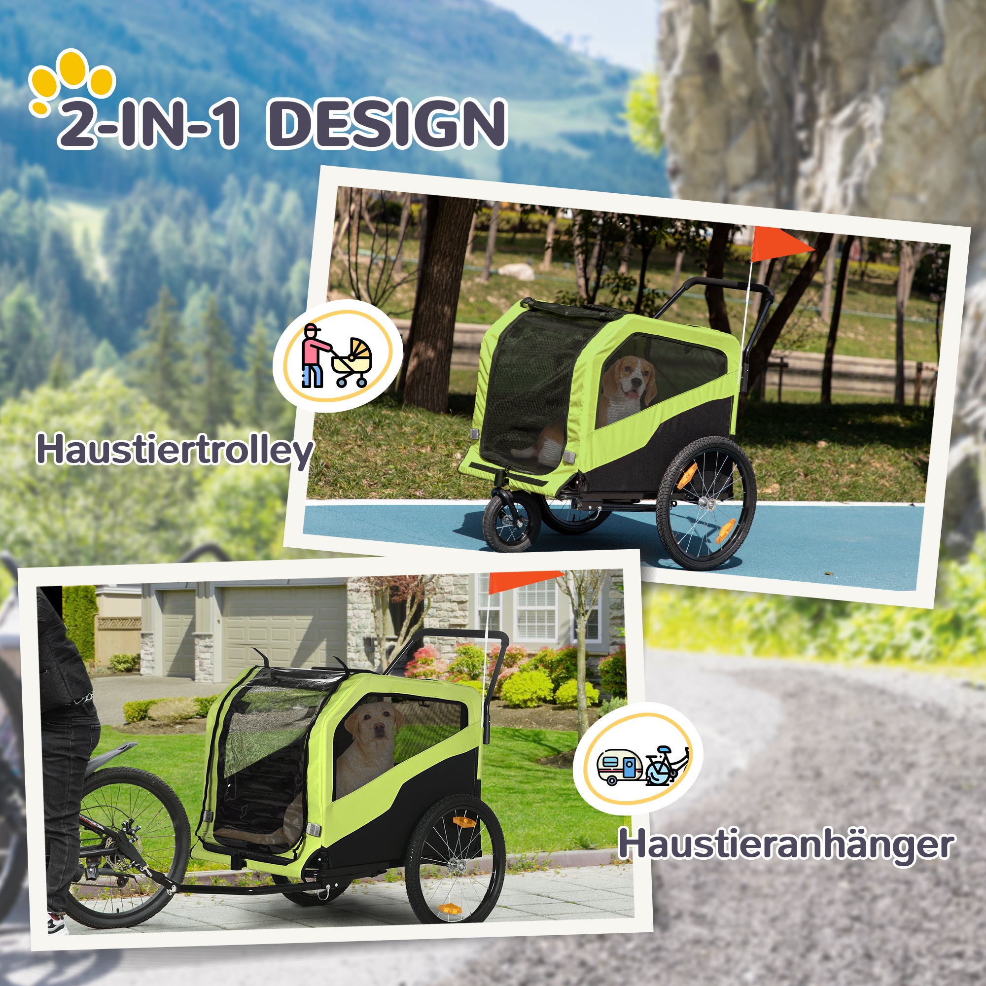 PawHut 2in1 Hundeanhänger, Schiebefunktion, 2 Eingänge, Netzfenster, Sonnenschutz, Stahlrahmen, grün, 170 x 77 x 90 cm