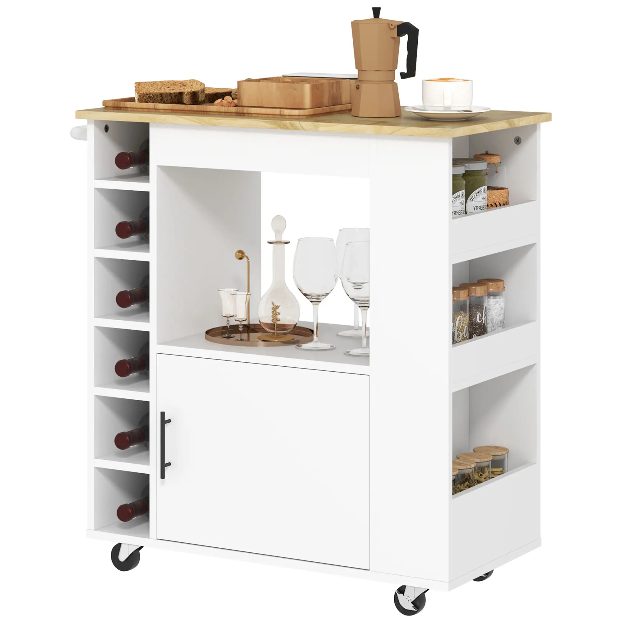 HOMCOM Küchenwagen, Rollbare Kücheninsel, Küchen-Trolley mit Fächern, Weinregalen, Schrank und Arbeitsfläche, Weiß