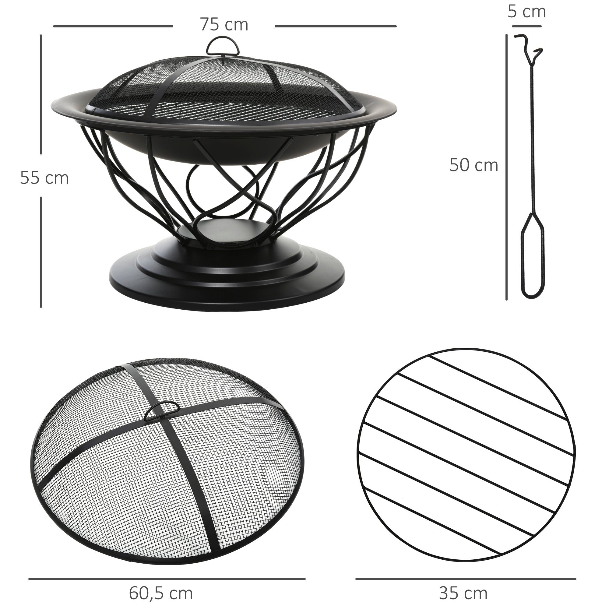 Outsunny Feuerstelle Feuerschale mit Schutz & Schürhaken Outdoor Garten Terrase Ø75 x 55H cm Schwarz