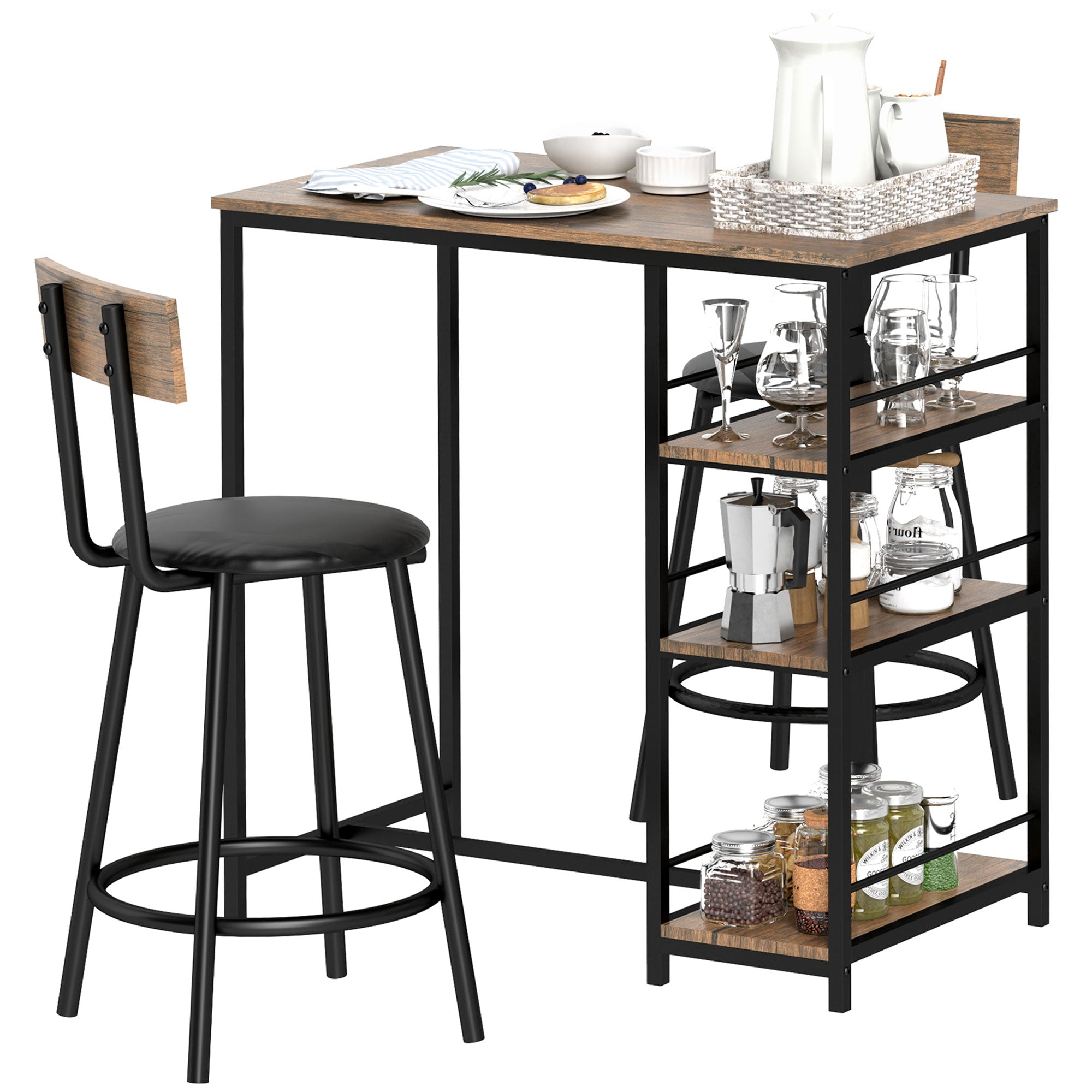HOMCOM 3-teiliges Ess-Set mit Bartisch und 2 Stühlen, Kleines Küchenset mit seitlichen Regalen, MDF, Metall, Schwarz