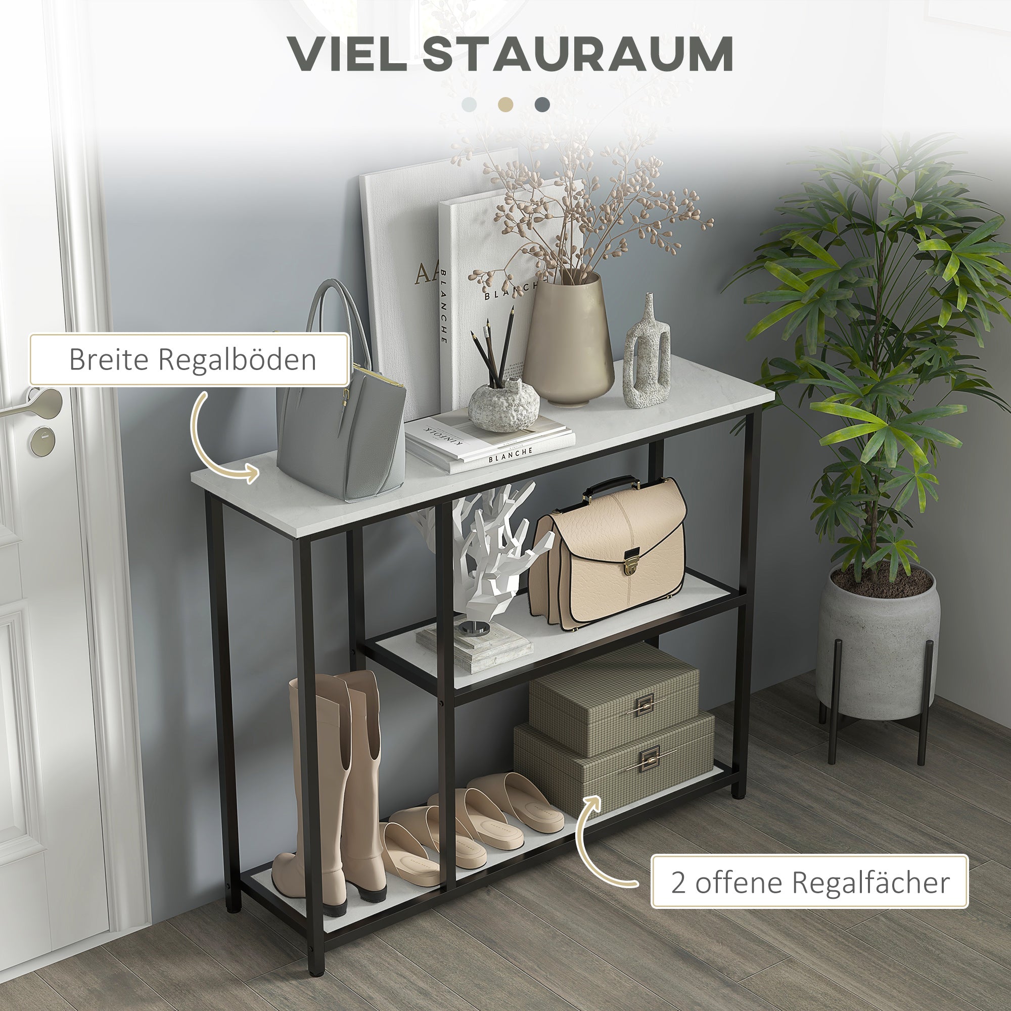 HOMCOM Konsolentisch im Industriedesign, 2 Regale, Marmor-Optik, Schwarz + Weiß