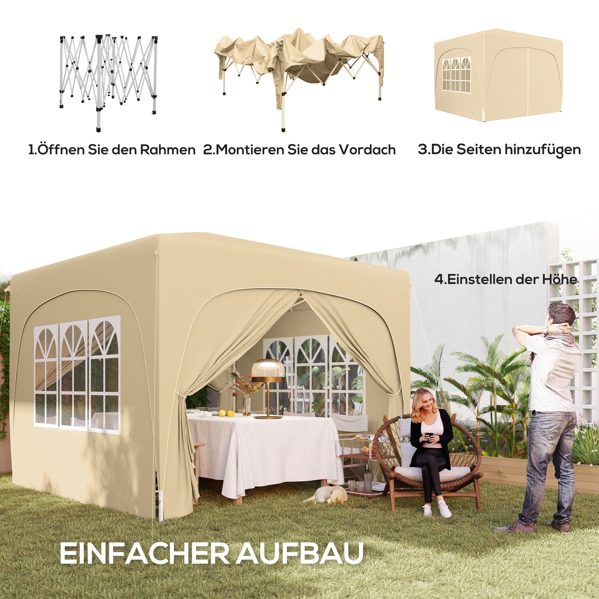 Outsunny 3 x 3 m Pavillon, Pop-up Gartenzelt mit Seitenwänden und Tragetasche, UPF50+, höhenverstellbar, Sand