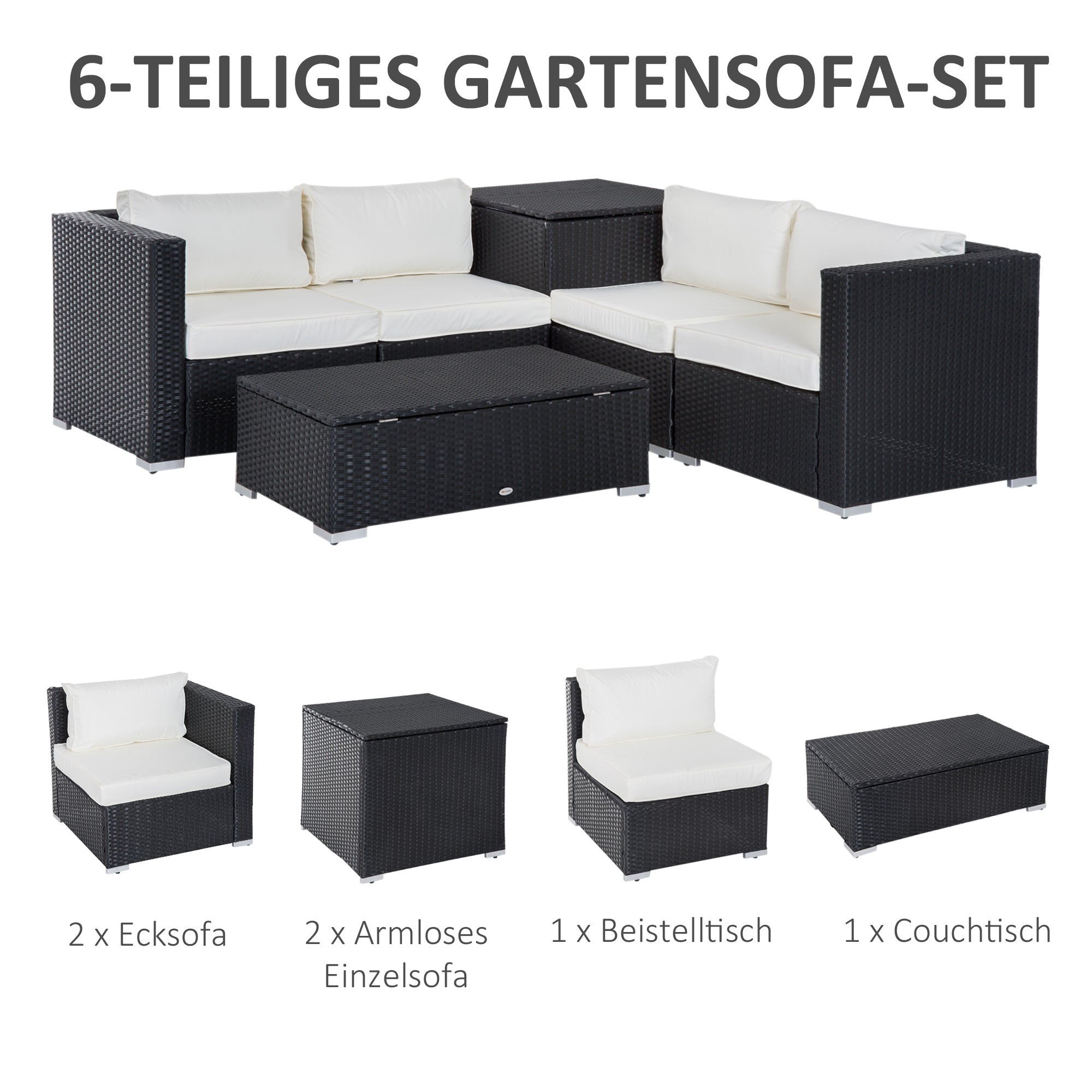 Outsunny Polyrattan Gartenmöbel Set für 4 Personen Sitzgarnitur mit Kissen Sitzgruppe Tisch mit Stauraum Schwarz+Creme