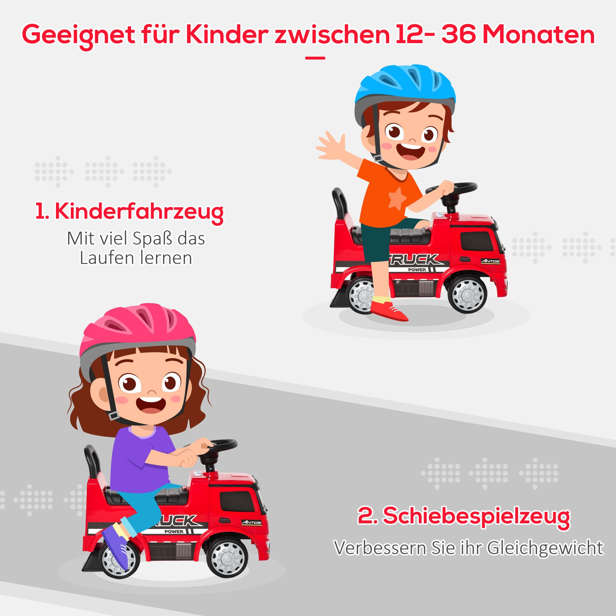 HOMCOM Rutscherfahrzeug Rutscherauto Babyrutscher Kinderfahrzeug lizenziert von Mercedes ANTOS-LKW-Stil mit Licht für Kinder von 12 bis 36 Monaten Metall PP-Kunststoff Rot+Schwarz 62,5x28,5x45cm