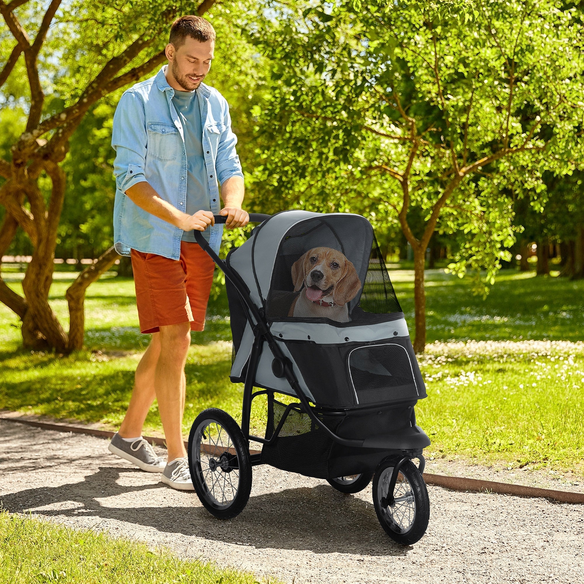 PawHut Hundewagen Hundetrolley mit Jogger-Funktion bis 20 kg Klappbar Netzfenster, Ablagekorb, Grau, 111 x 58 x 107 cm