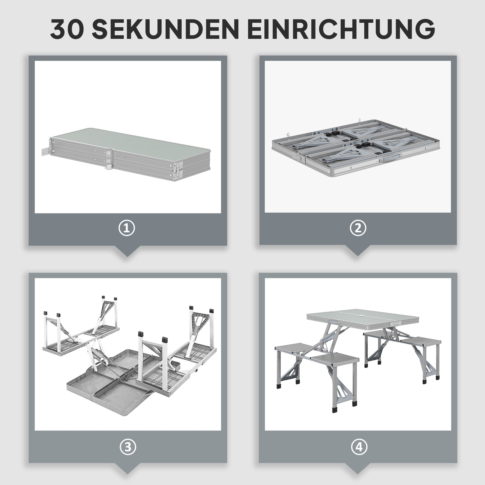 Outsunny Campingtisch Klapptisch mit 4 Stühle Klappbarer Gartentisch aus Aluminium 85,5 x 135cm Grau
