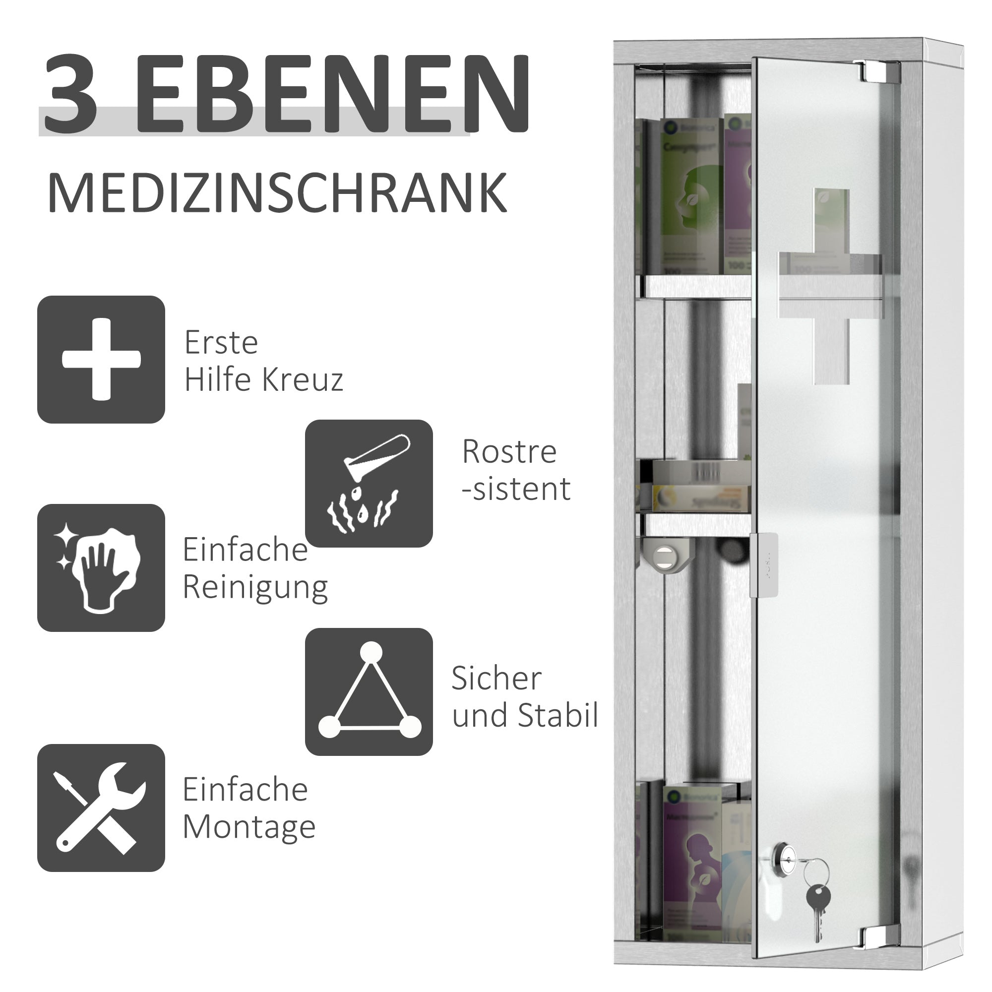 kleankin Medizinschrank aus Edelstahl und gehärtete Glastür Arzneischrank zur Medikamenten-Aufbewahrung, Abschließbar Medikamentenschrank mit 3 Fächern, Erste Hilfe Schrank, 20 x 12 x 58 cm, Silber
