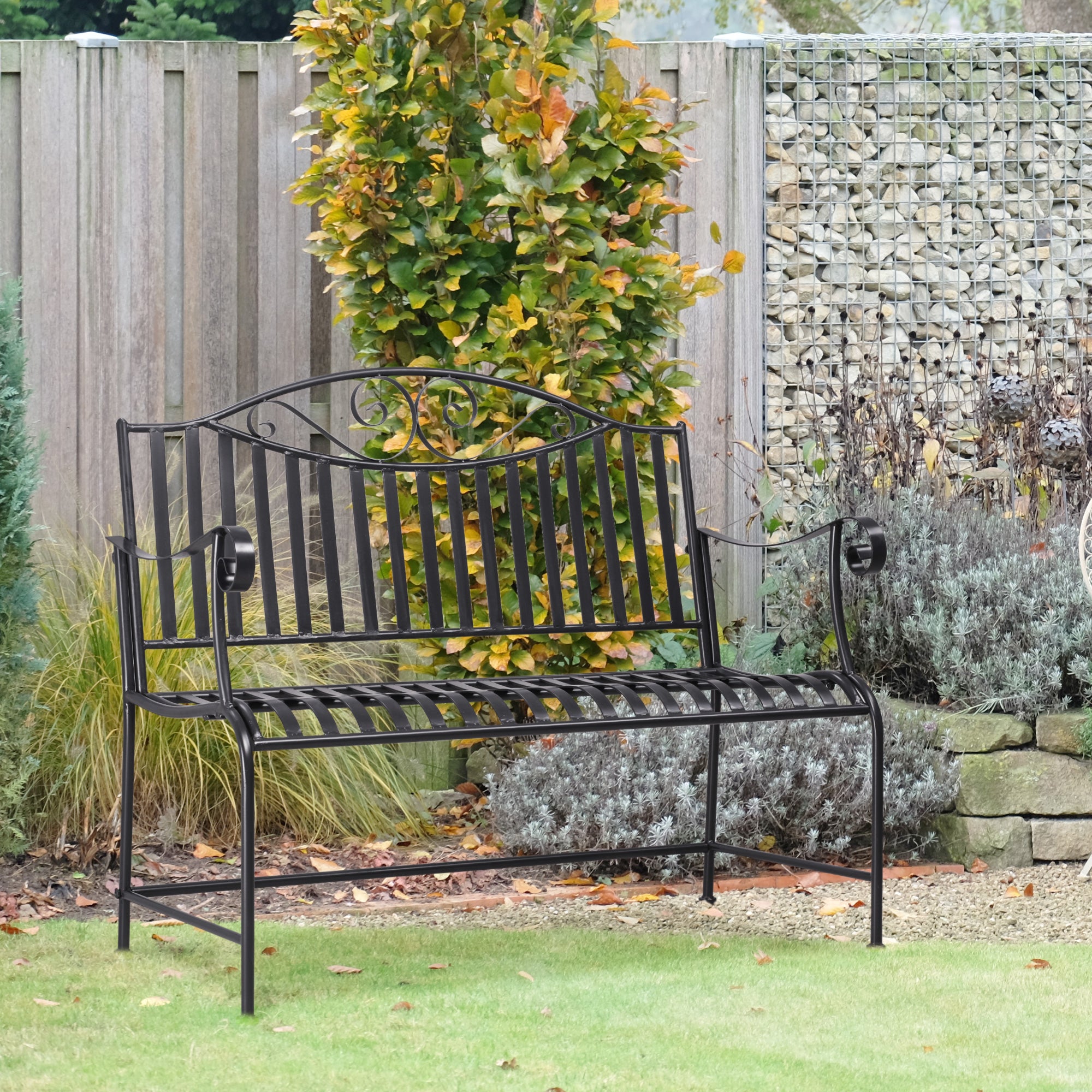 Outsunny Gartenbank Sitzbank Parkbank 2-Sitzer Metallbank Stahlrahmen mit Armlehne für Garten Balkon und Terrasse bis 220 kg belastbar Grau 115,5 x 54 x 96 cm