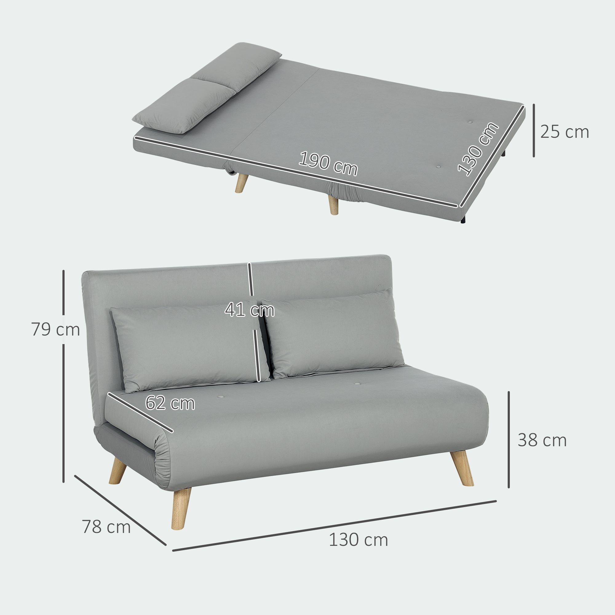 HOMCOM Schlafsofa Relaxsofa Sofa Couch, inkl. 2 Kissen, Samtoptik, 130 x 78 x 79 cm, Hellgrau