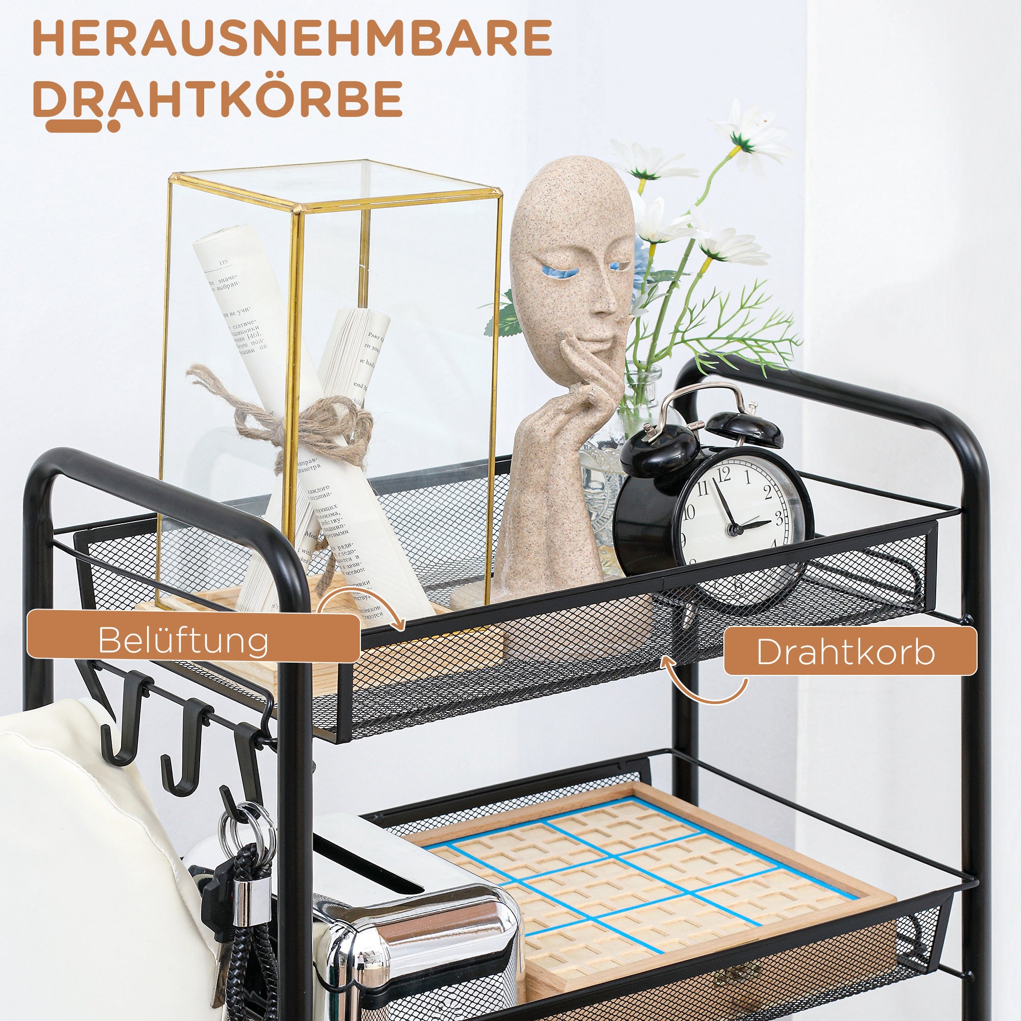 HOMCOM Küchenwagen mit 5 Drahtkörben, 4 Haken, 4 Rollen, 2 Griffe, Stahl/Kunststoff, 45x26,5x106 cm, Weiß