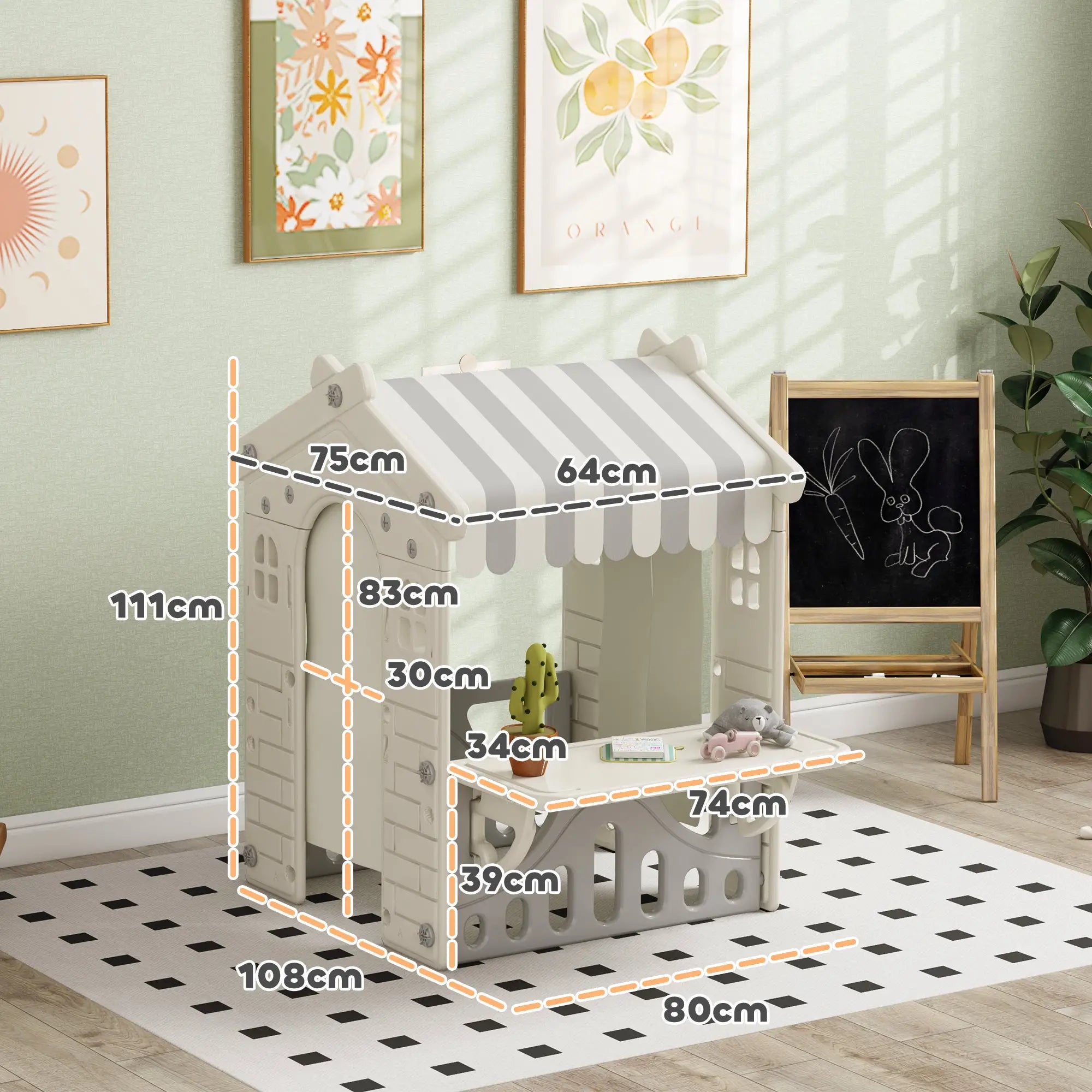 AIYAPLAY Spielhaus Kinderhaus Indoor mit Servierstation & Vorhängen