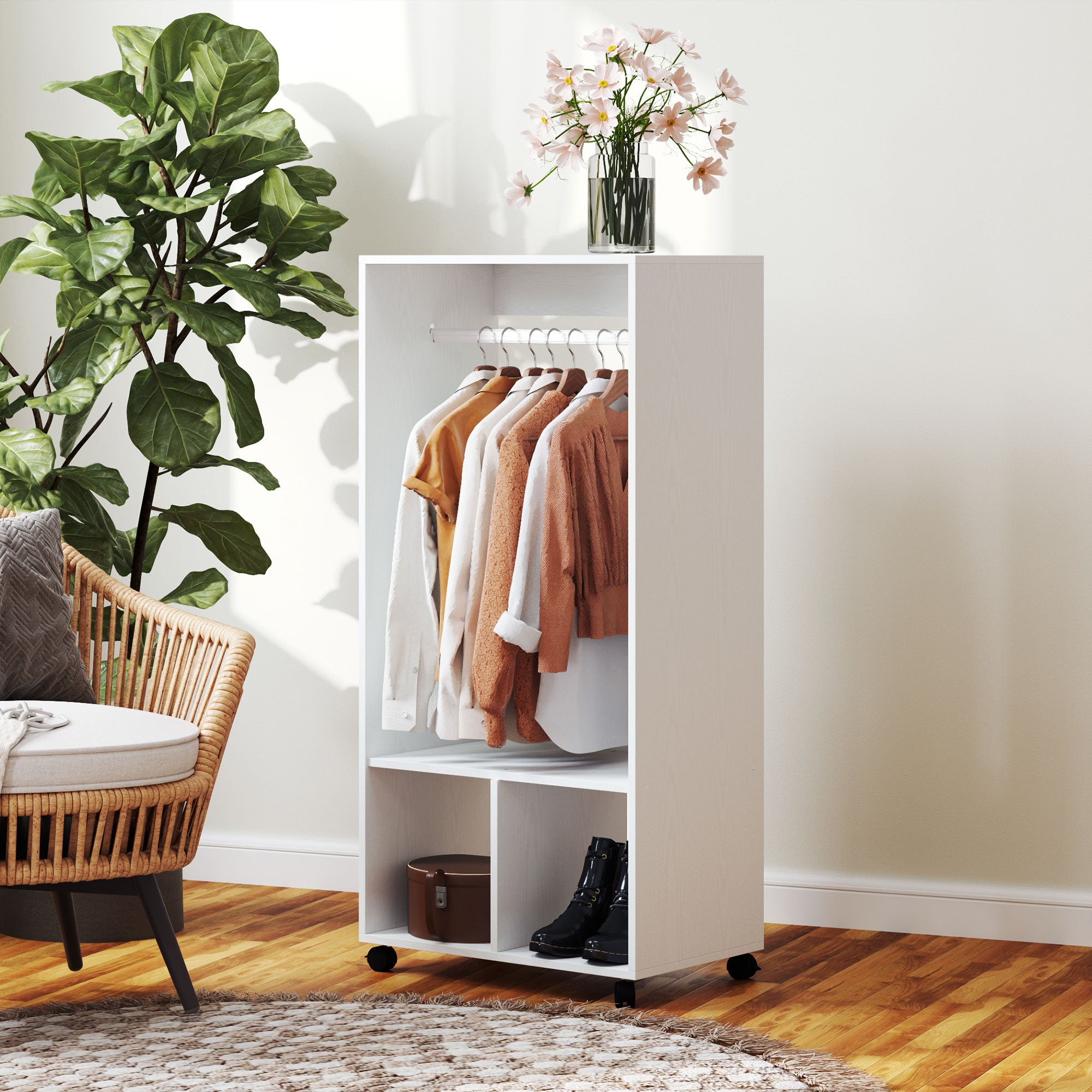 HOMCOM Kleiderschrank Garderobe,60 cm x 40 cm x 127 cm, 1 Kleiderstange, 2 Regale, Weiß