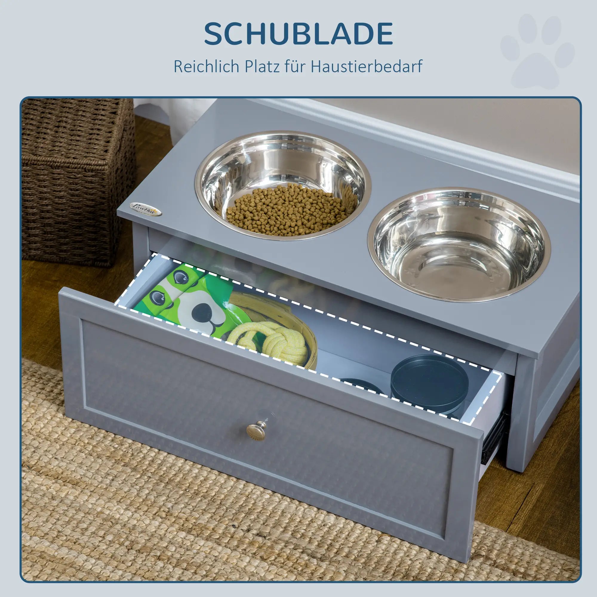 PawHut Futterstation, 2 Fressnäpfe je 2 Liter, Edelstahl, mit Schublade, für mittlere Hunde, grau, 60 x 30 x 24cm