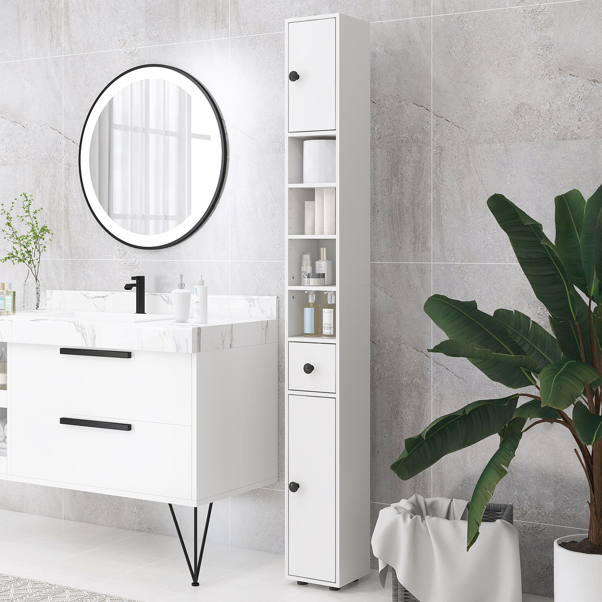 kleankin Badezimmerschrank, 4 Regale, Schublade, Spanplatte, schlankes Design, Weiß