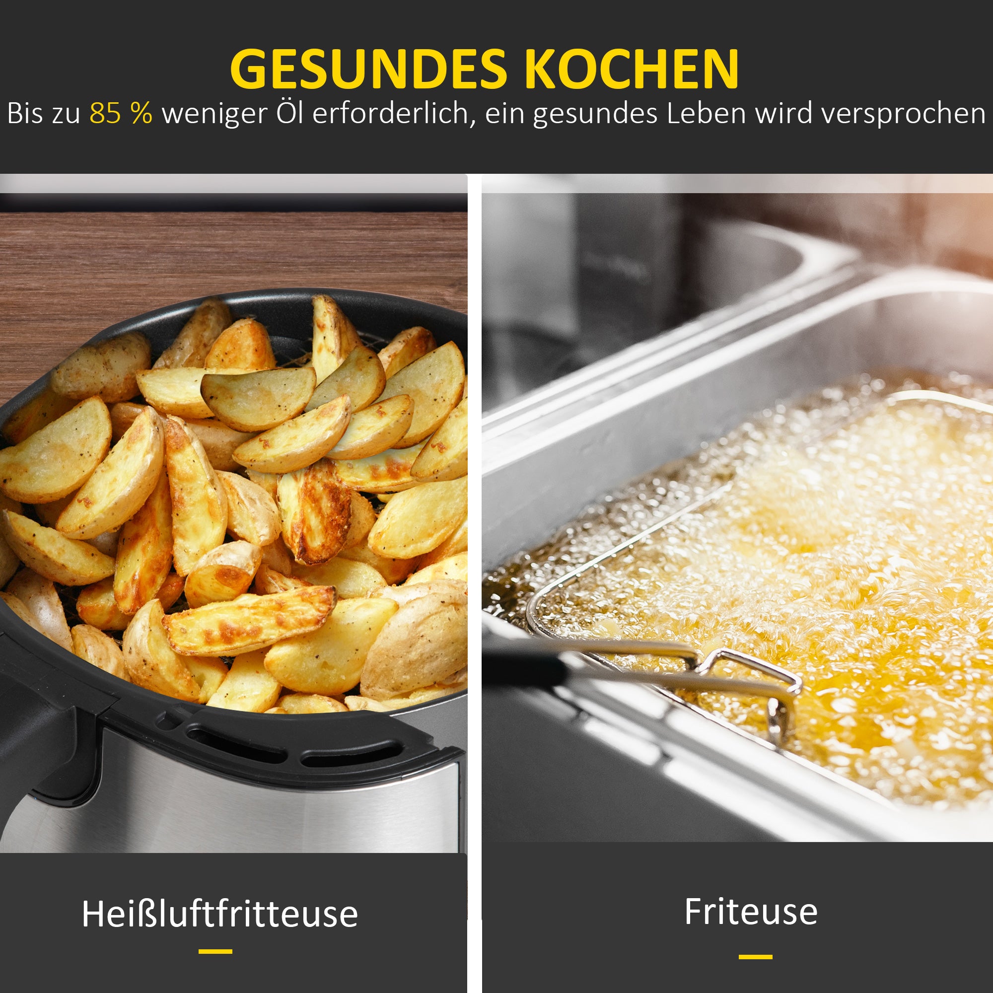 HOMCOM Heißluftfritteuse 6,5 L 1700W mit 8 Menüs LED-Display Antihaftbeschichteter Korb für gesundes ölfreies fettarmes Kochen Schwarz 36,5 x 29 x 33,8 cm