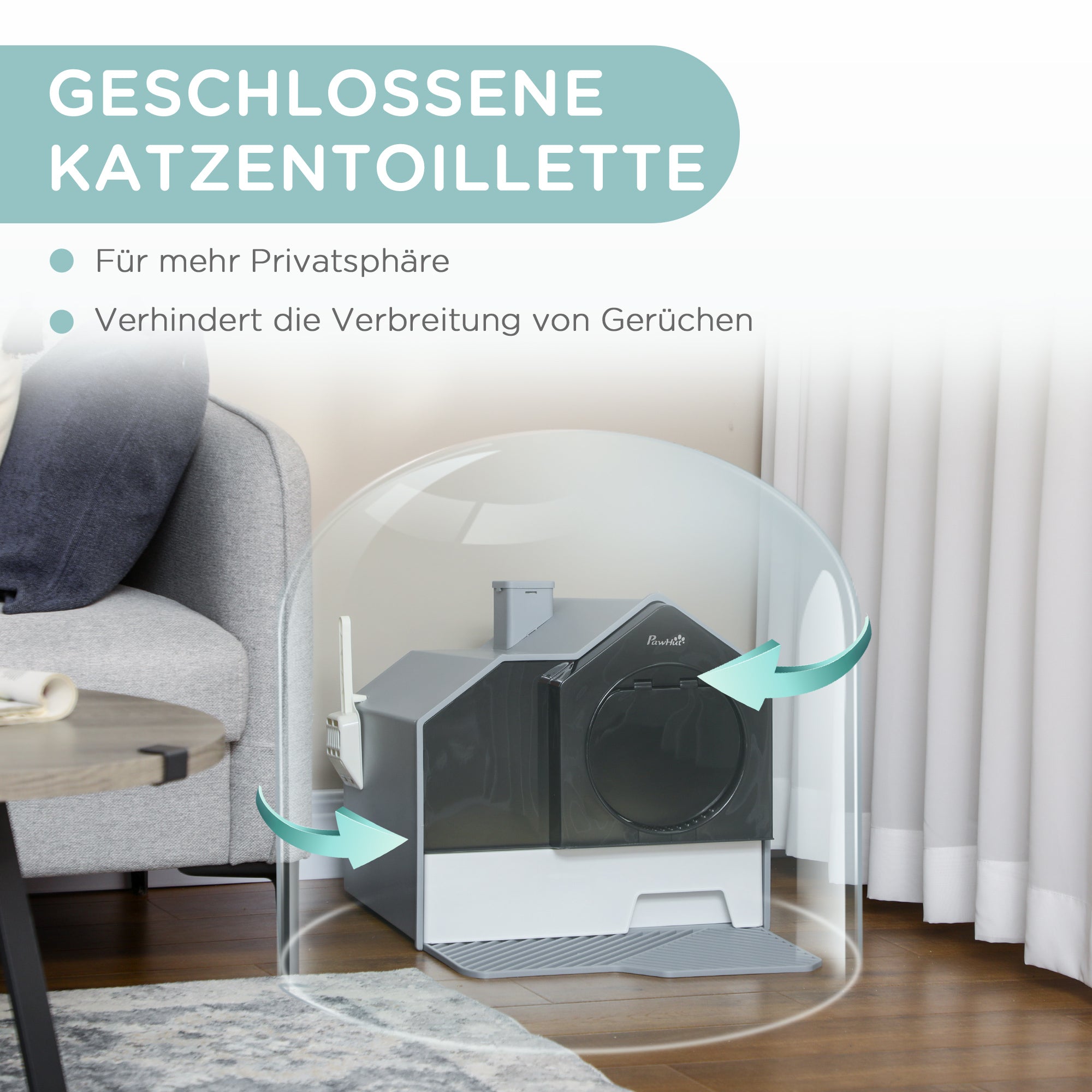PawHut Katzentoilette im niedlichen Design, 1 Siebvorleger, 1 Streuschaufel, herausnehmbare Bodenwanne, Grau