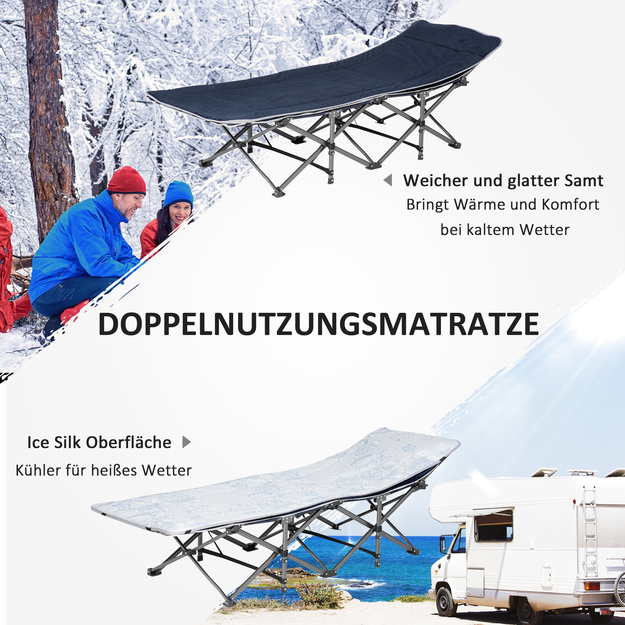 Outsunny Campingbett, klappbares Feldbett mit Kopfkissen, 188 x 64,5 x 53 cm, Dunkelblau