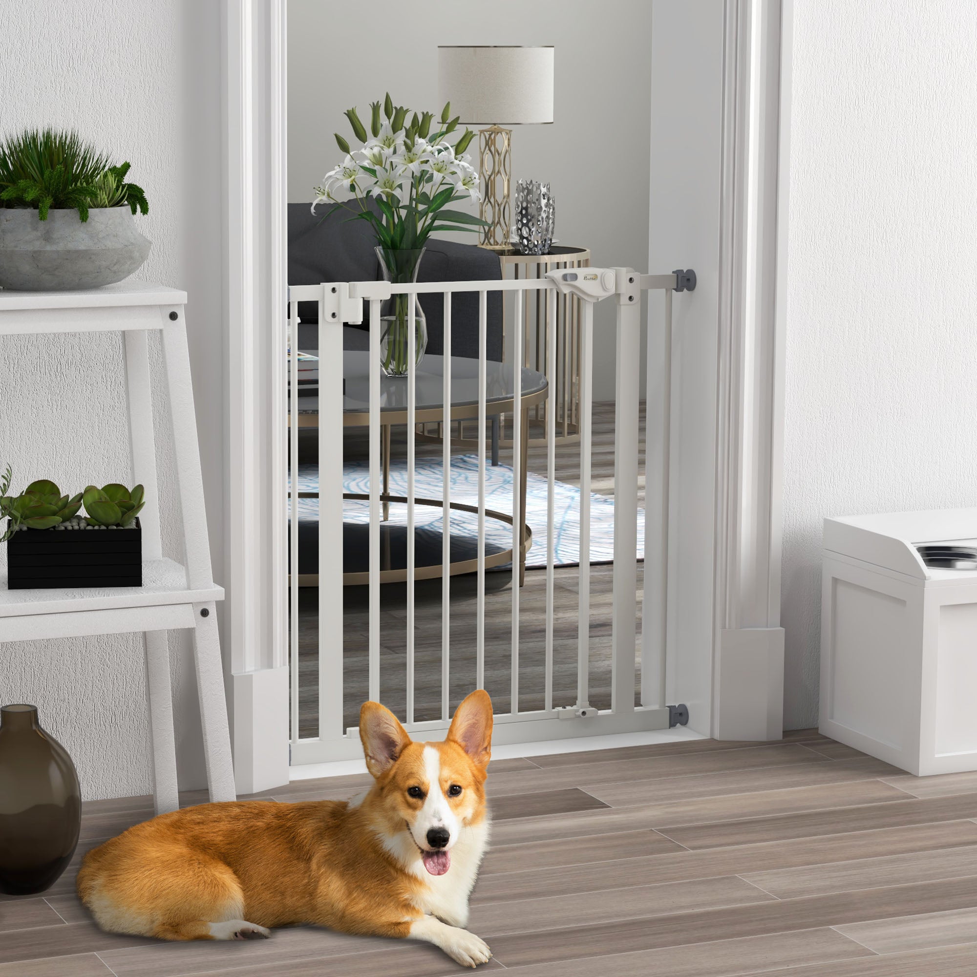 PawHut Türschutzgitter für Hunde, Absperrgitter, Schutzgitter für Haustiere, Metall, Kunststoff, 74-80 cm, Weiß