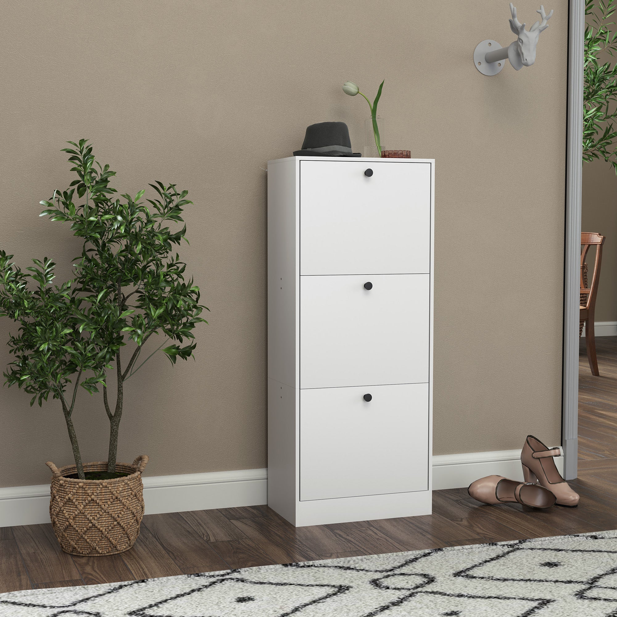 HOMCOM Schuhschrank, Schuhregal, 3 Klappfächer, verstellbar, Spanplatte, Weiß