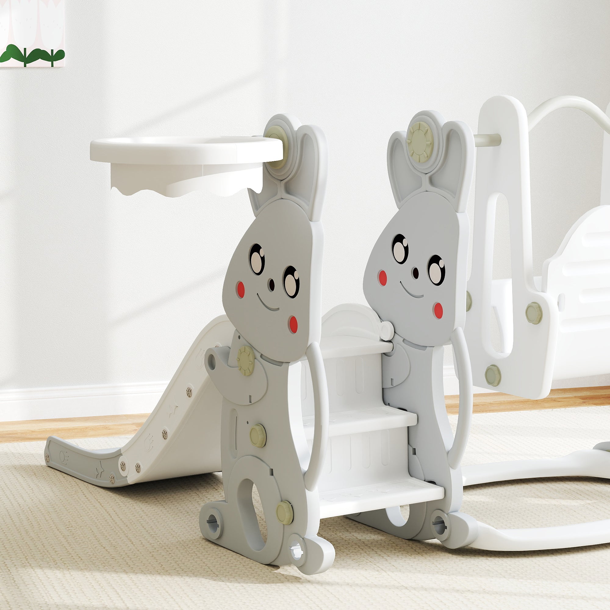 AIYAPLAY 4-in-1 Spielset für Kleinkinder, Rutsche, Schaukel, Klettergerüst, Basketballkorb, Kunststoff, Hasendesign, Grau