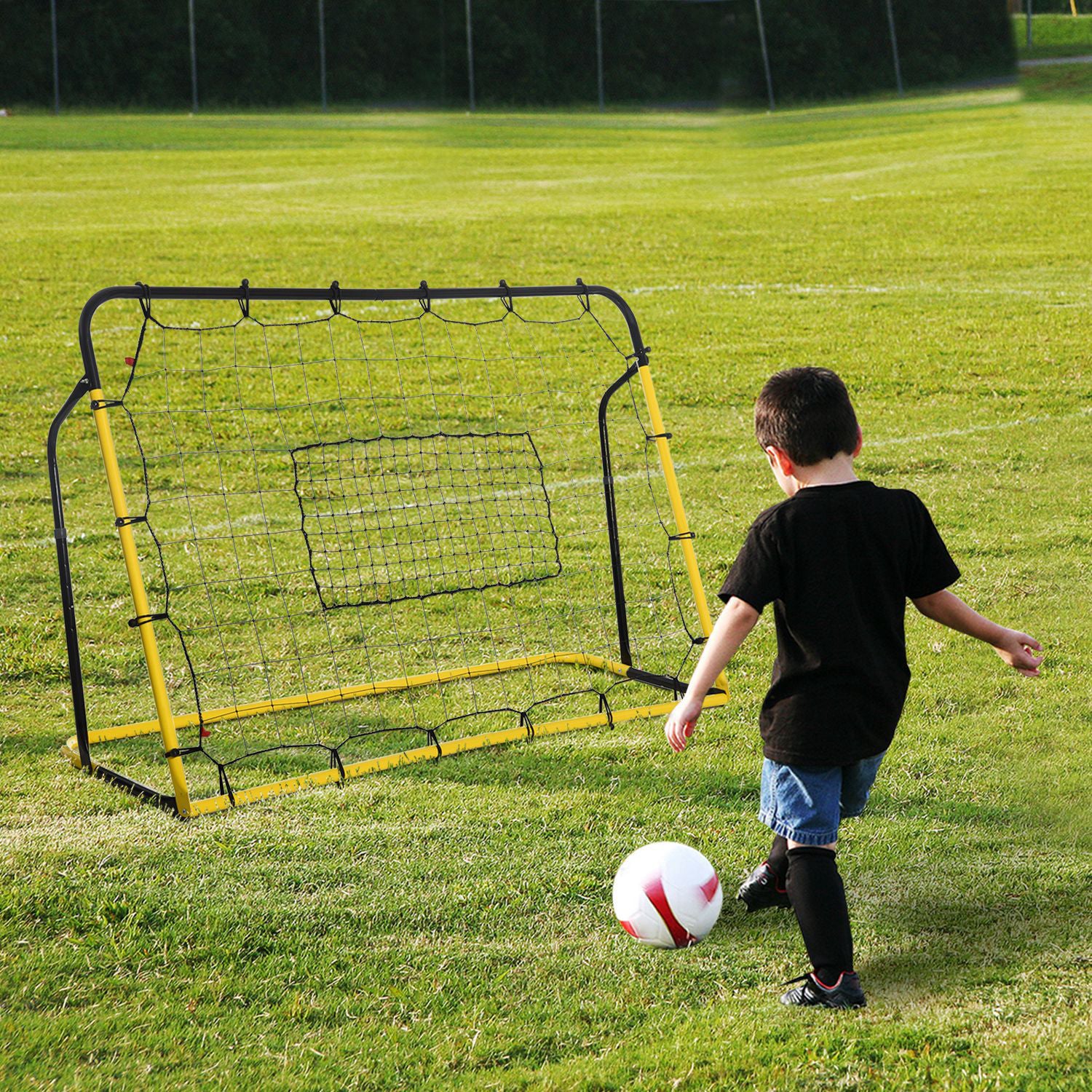 HOMCOM Kickback Fußball Rebounder Tor Rückprallwand Netz für Fußball, Basketball und Baseball, Stahl+PE, Gelb+Schwarz, 184 x 63 x 123 cm