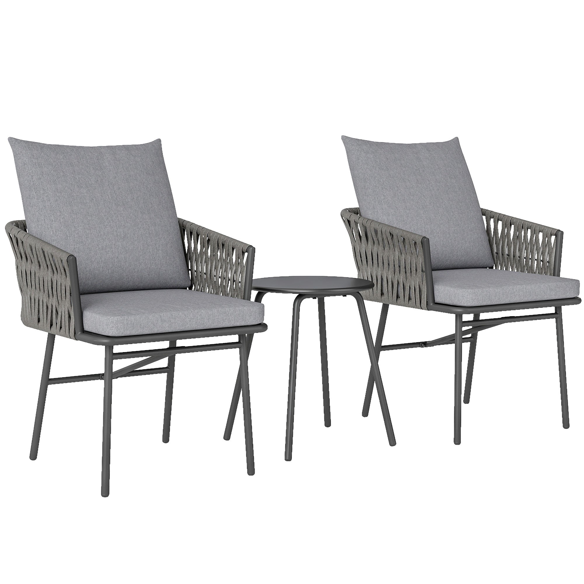 Outsunny 3-teiliges Außenmöbel-Set, 2 Stühle, 1 Tisch, Bistro-Set, Kunst-Rattan, Stahlrahmen, Metalltisch, 4 Kissen, Grau